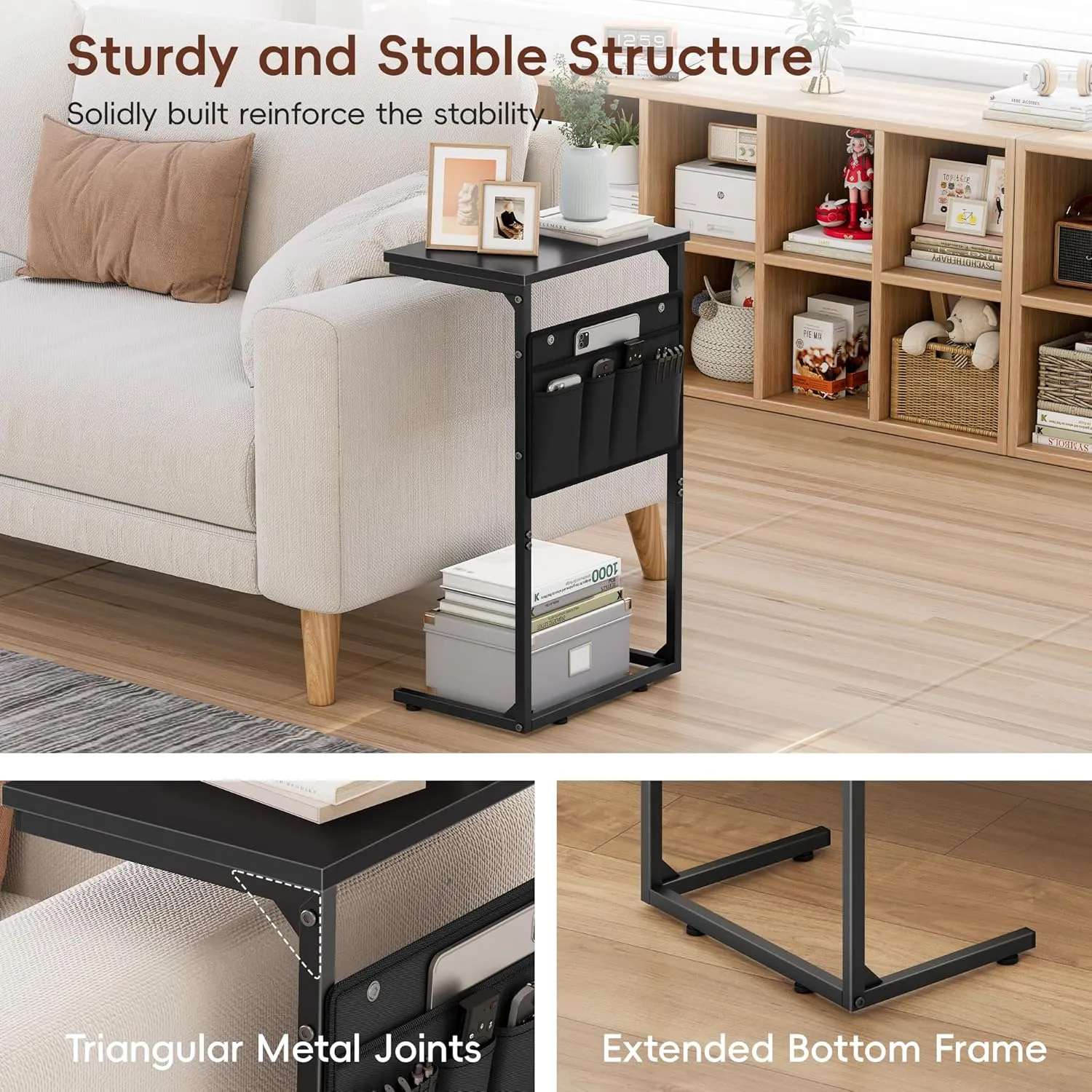 Vagusicc C Shaped End Table, 28'' Tall Side Table for Couch, Small Couch Side Table, TV Tray Tables for Small Spaces, Slide Under Sofa Table Arm Tables with Metal Frame for Living Room, Black
