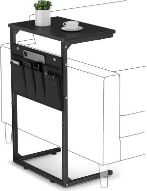 Vagusicc C Shaped End Table, 28'' Tall Side Table for Couch, Small Couch Side Table, TV Tray Tables for Small Spaces, Slide Under Sofa Table Arm Tables with Metal Frame for Living Room, Black