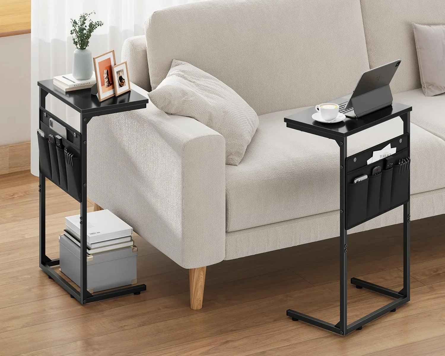 Vagusicc C Shaped End Table, 28'' Tall Side Table for Couch, Small Couch Side Table, TV Tray Tables for Small Spaces, Slide Under Sofa Table Arm Tables with Metal Frame for Living Room, Black