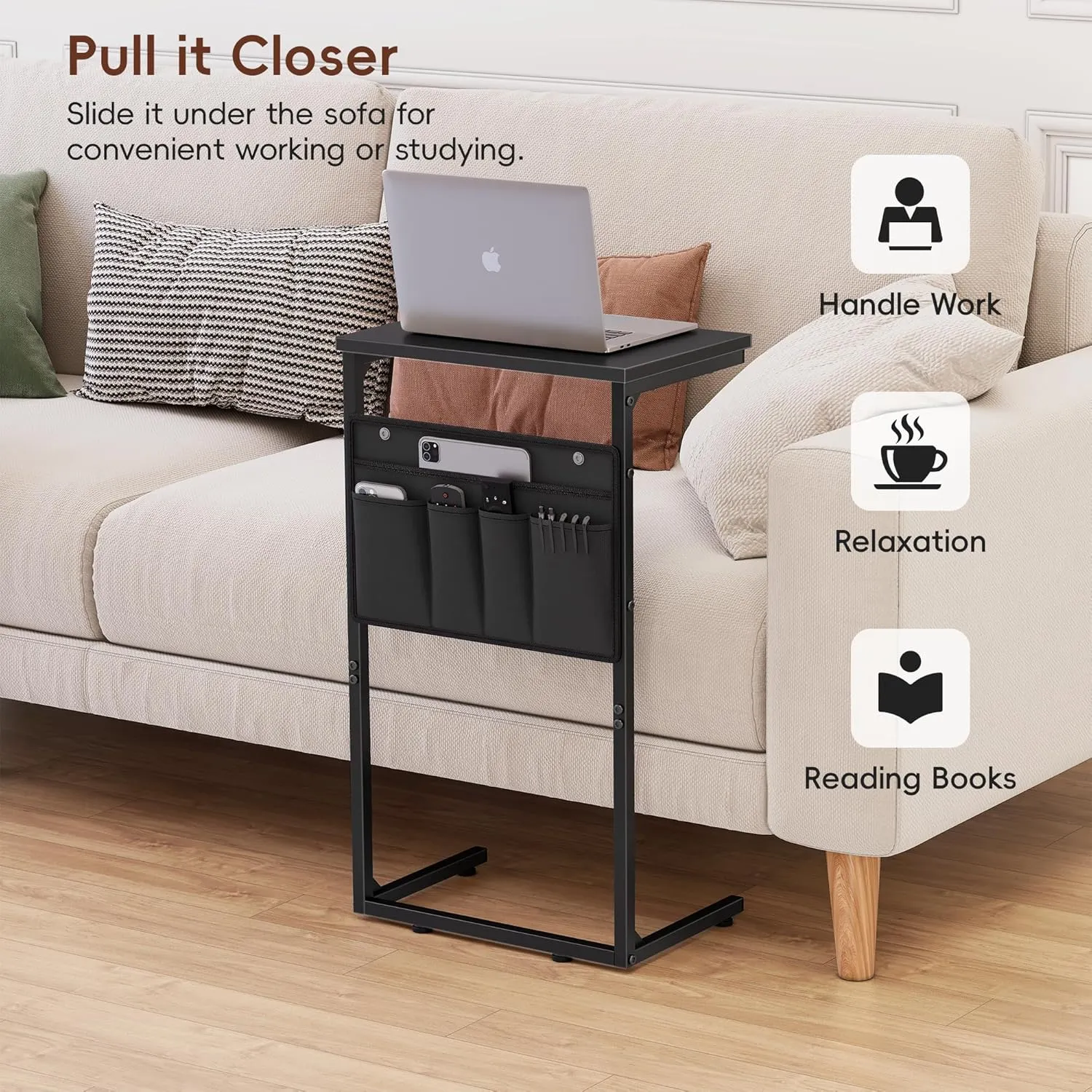 Vagusicc C Shaped End Table, 28'' Tall Side Table for Couch, Small Couch Side Table, TV Tray Tables for Small Spaces, Slide Under Sofa Table Arm Tables with Metal Frame for Living Room, Black