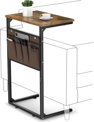 Vagusicc C Shaped End Table, 28'' Tall Side Table for Couch, Small Couch Side Table, TV Tray Tables for Small Spaces, Slide Under Sofa Table Arm Tables with Metal Frame for Living Room, Brown