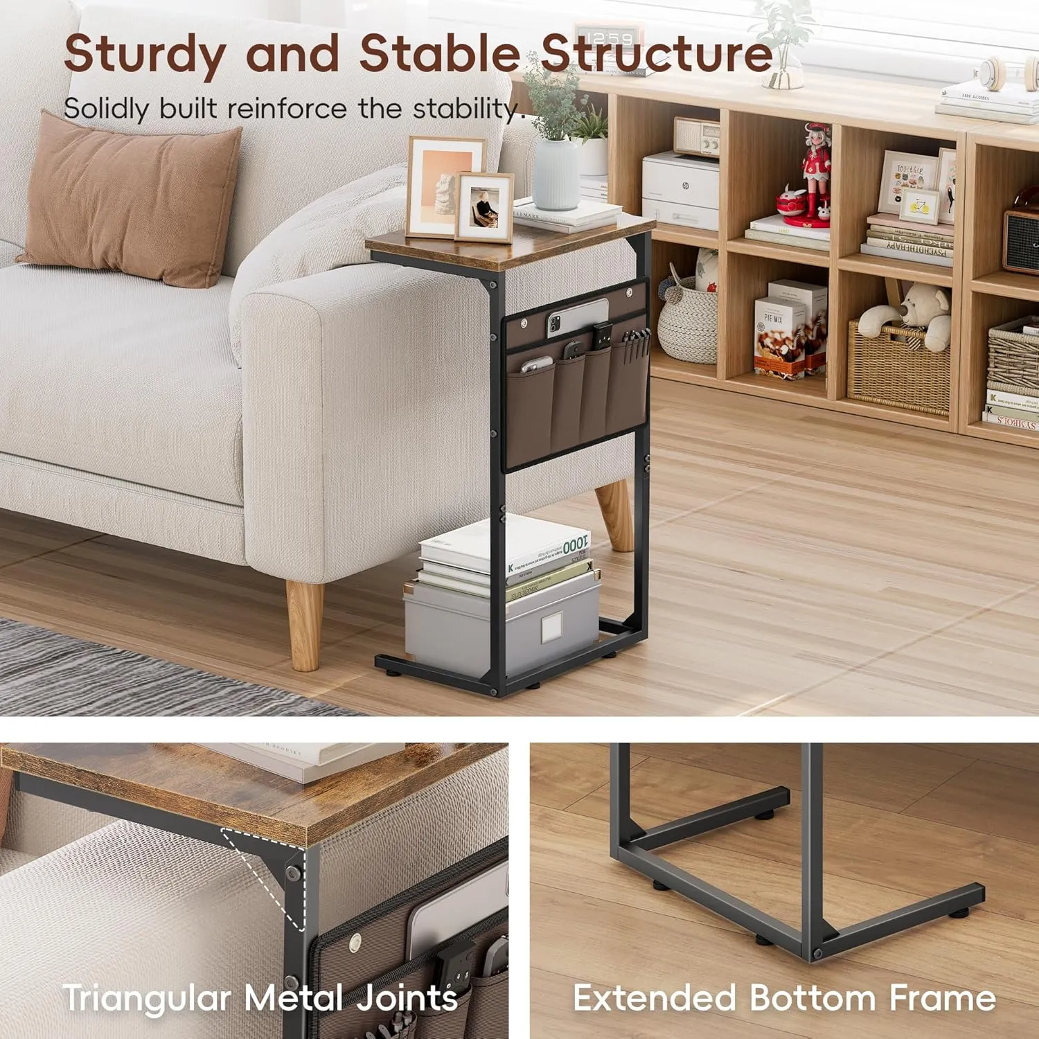 Vagusicc C Shaped End Table, 28'' Tall Side Table for Couch, Small Couch Side Table, TV Tray Tables for Small Spaces, Slide Under Sofa Table Arm Tables with Metal Frame for Living Room, Brown