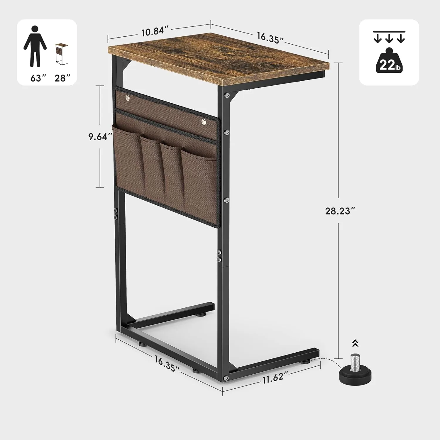 Vagusicc C Shaped End Table, 28'' Tall Side Table for Couch, Small Couch Side Table, TV Tray Tables for Small Spaces, Slide Under Sofa Table Arm Tables with Metal Frame for Living Room, Brown