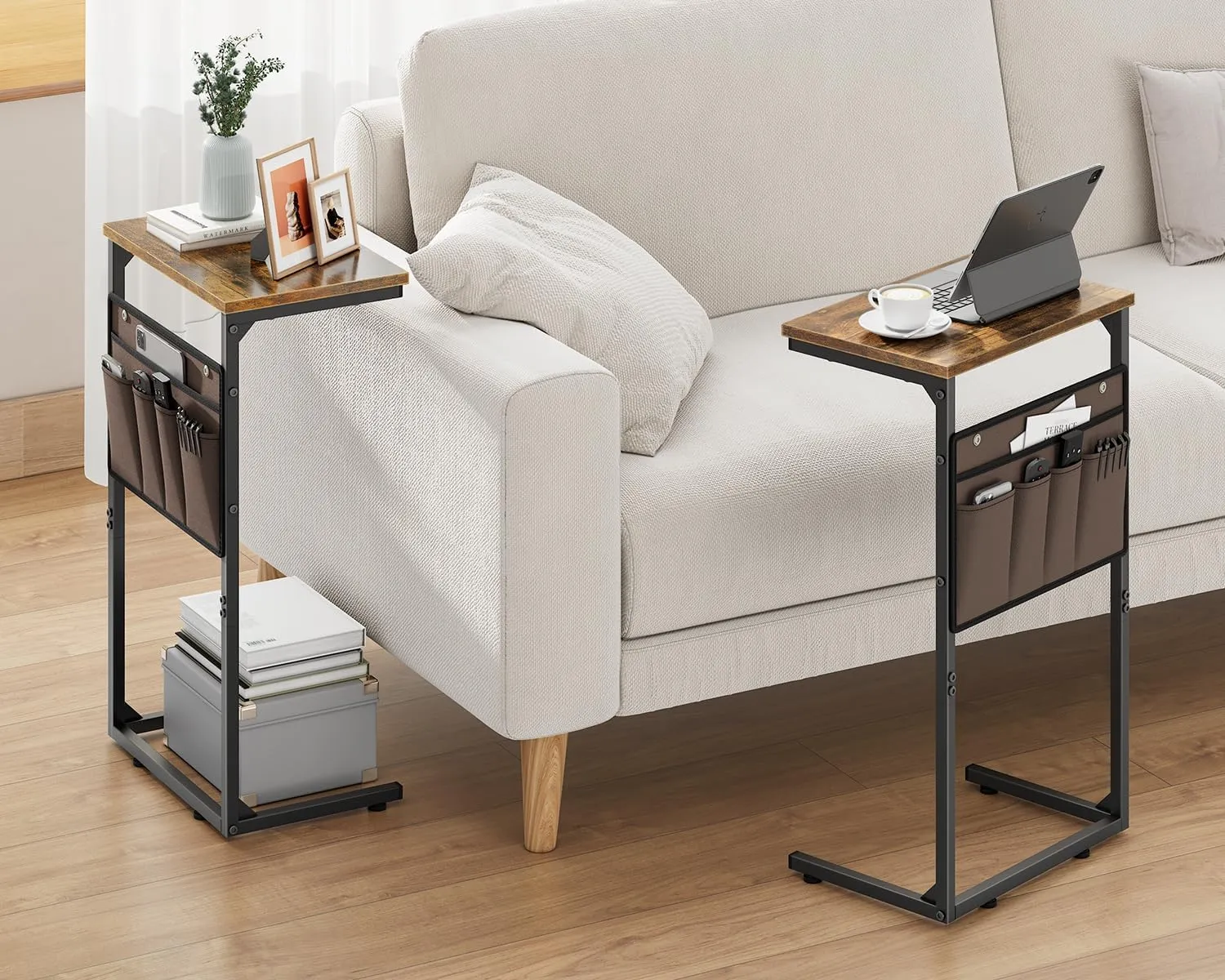 Vagusicc C Shaped End Table, 28'' Tall Side Table for Couch, Small Couch Side Table, TV Tray Tables for Small Spaces, Slide Under Sofa Table Arm Tables with Metal Frame for Living Room, Brown