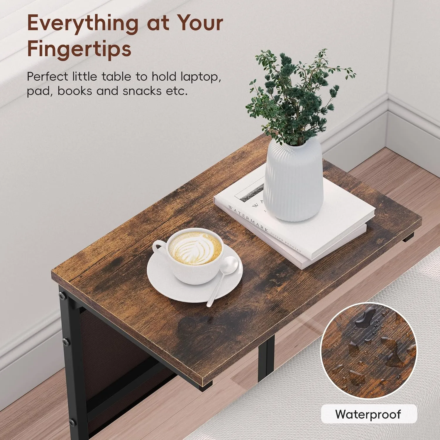 Vagusicc C Shaped End Table, 28'' Tall Side Table for Couch, Small Couch Side Table, TV Tray Tables for Small Spaces, Slide Under Sofa Table Arm Tables with Metal Frame for Living Room, Brown