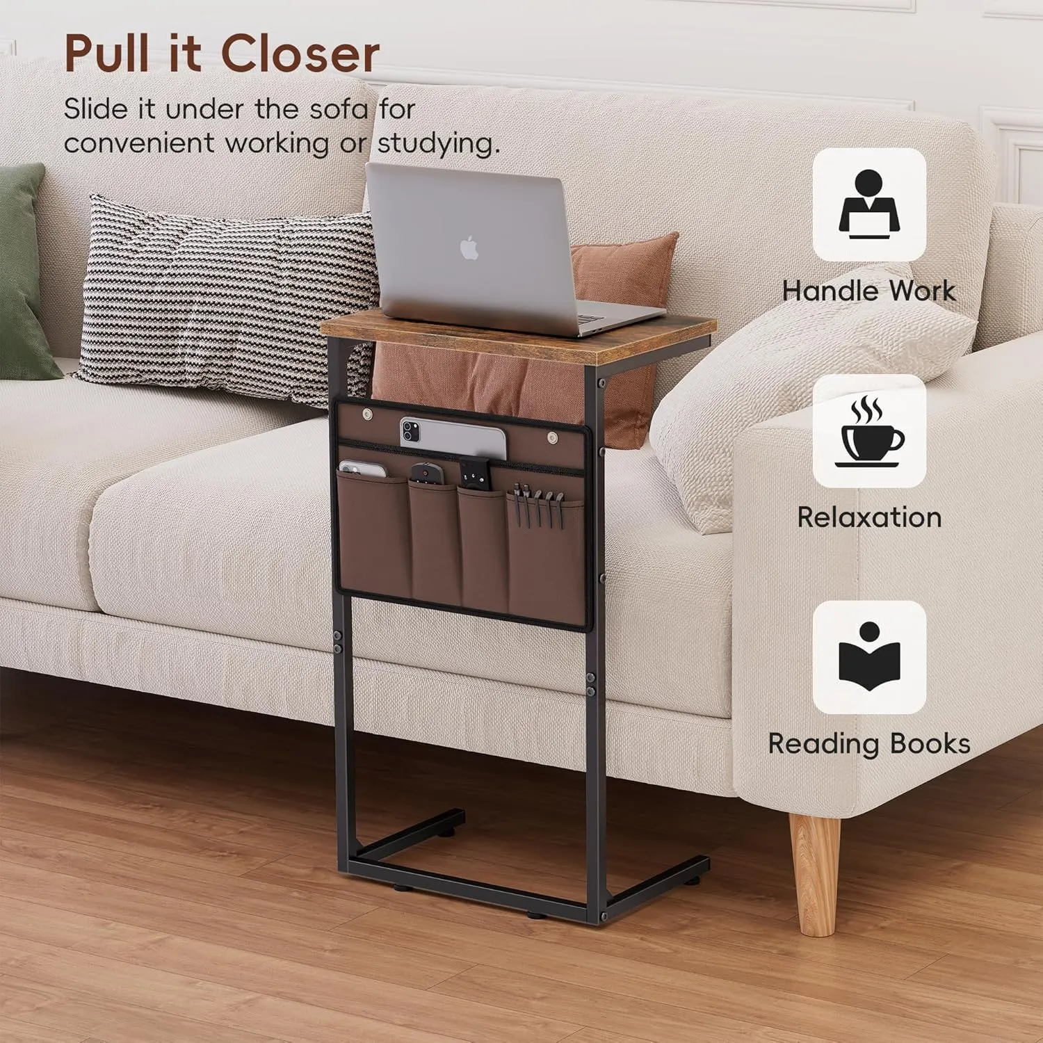Vagusicc C Shaped End Table, 28'' Tall Side Table for Couch, Small Couch Side Table, TV Tray Tables for Small Spaces, Slide Under Sofa Table Arm Tables with Metal Frame for Living Room, Brown