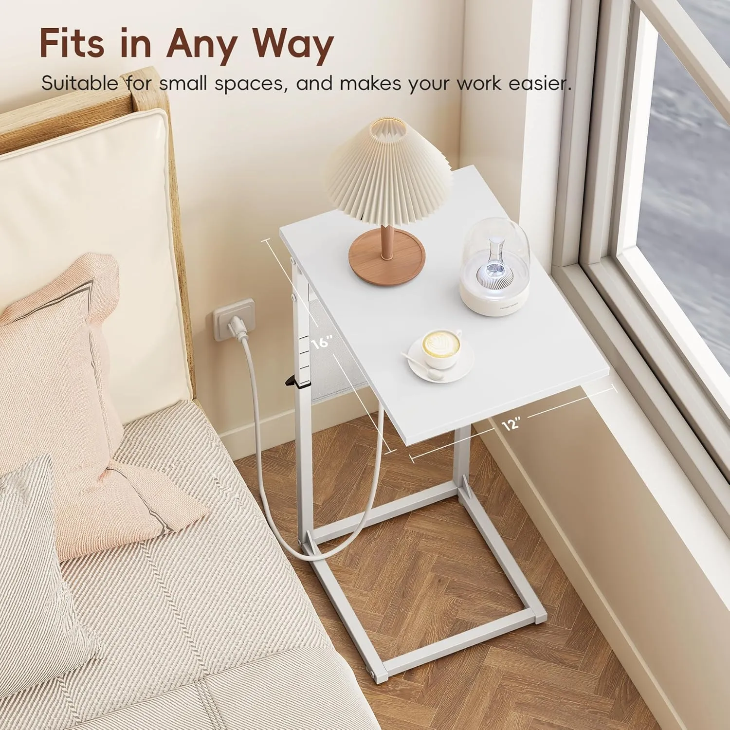 Vagusicc C Shaped End Table with Charging Station, Adjustable Height Side Table for Couch, Small Sofa Table for Small Spaces, Slide Under Sofa Table TV Tray Arm Tables for Living Room, Bedroom, White