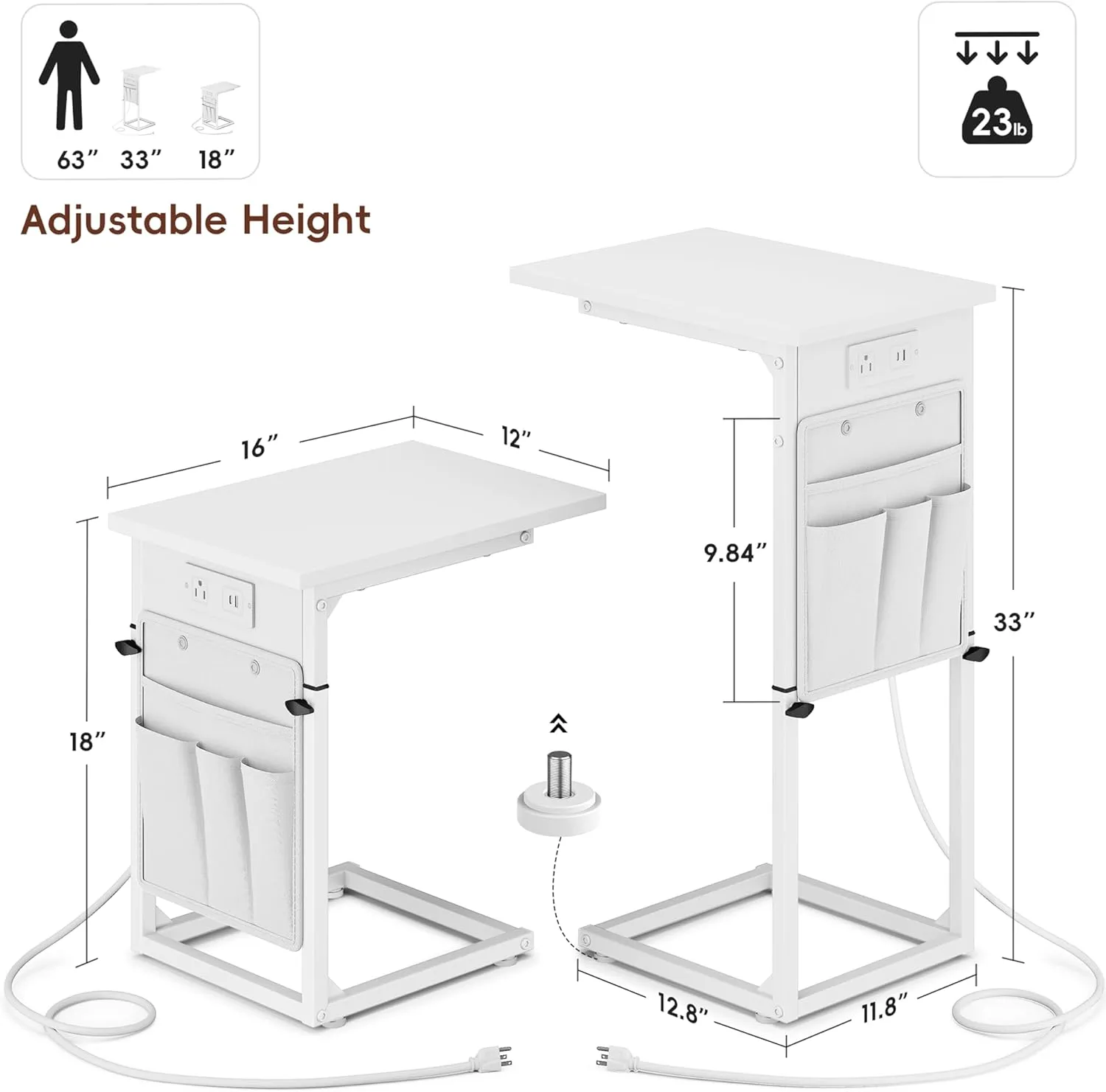 Vagusicc C Shaped End Table with Charging Station, Adjustable Height Side Table for Couch, Small Sofa Table for Small Spaces, Slide Under Sofa Table TV Tray Arm Tables for Living Room, Bedroom, White