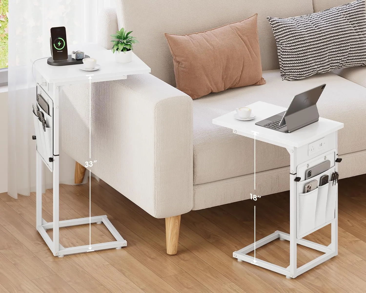 Vagusicc C Shaped End Table with Charging Station, Adjustable Height Side Table for Couch, Small Sofa Table for Small Spaces, Slide Under Sofa Table TV Tray Arm Tables for Living Room, Bedroom, White