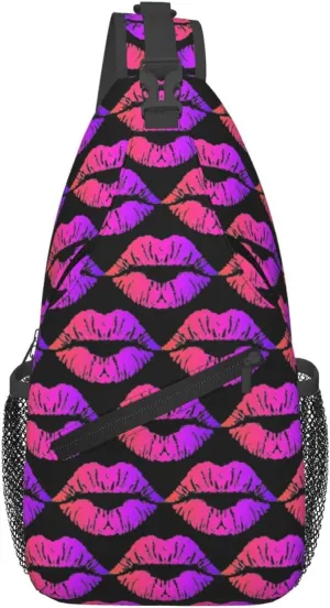 Valentines Day Colorful Pink Lips Crossbody Bag Cross Chest Bag Adjustable Sling Backpack Sports Gym Shoulder Bags Travel Cycling Daypack Diagonally Casual Rucksack