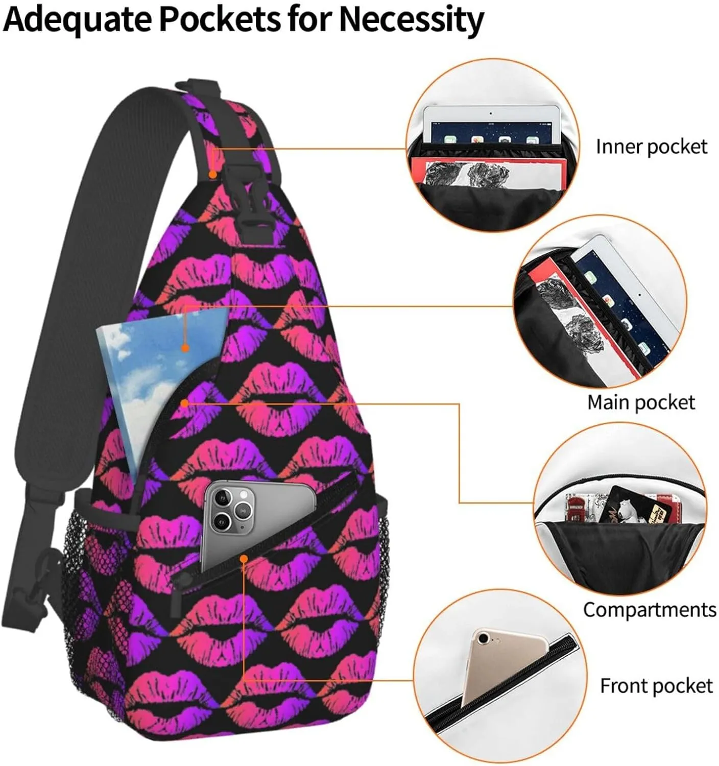 Valentines Day Colorful Pink Lips Crossbody Bag Cross Chest Bag Adjustable Sling Backpack Sports Gym Shoulder Bags Travel Cycling Daypack Diagonally Casual Rucksack