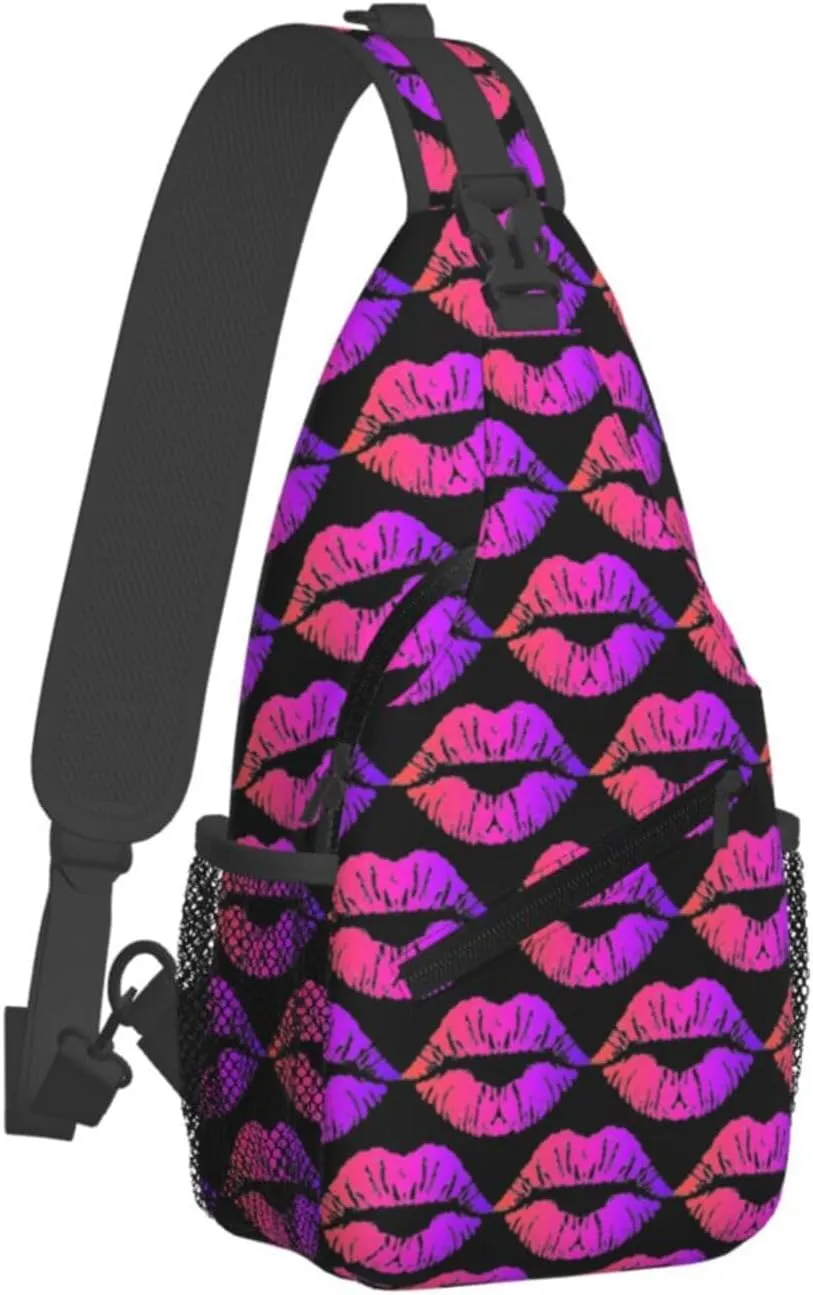 Valentines Day Colorful Pink Lips Crossbody Bag Cross Chest Bag Adjustable Sling Backpack Sports Gym Shoulder Bags Travel Cycling Daypack Diagonally Casual Rucksack