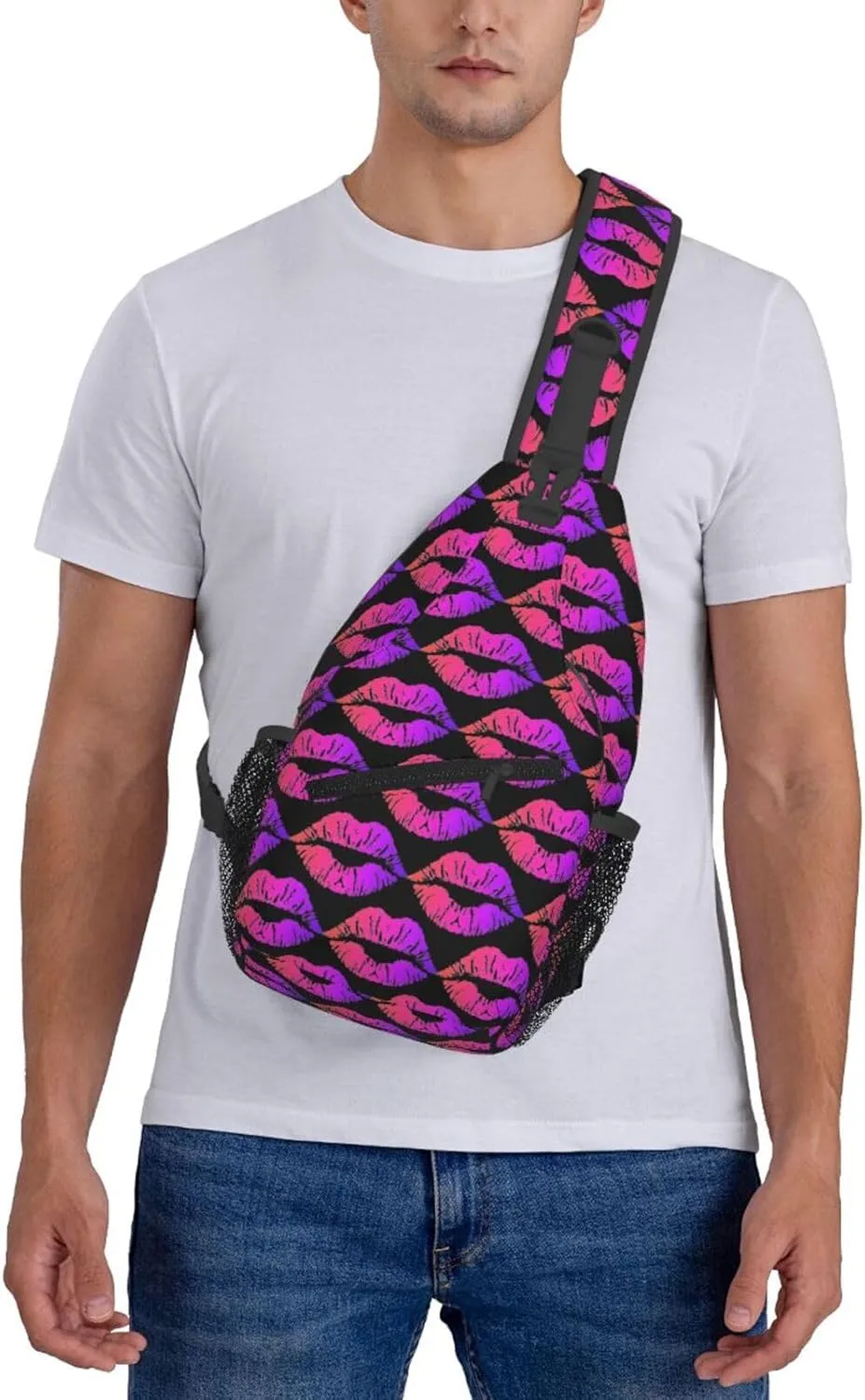Valentines Day Colorful Pink Lips Crossbody Bag Cross Chest Bag Adjustable Sling Backpack Sports Gym Shoulder Bags Travel Cycling Daypack Diagonally Casual Rucksack