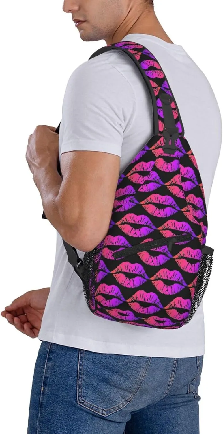 Valentines Day Colorful Pink Lips Crossbody Bag Cross Chest Bag Adjustable Sling Backpack Sports Gym Shoulder Bags Travel Cycling Daypack Diagonally Casual Rucksack