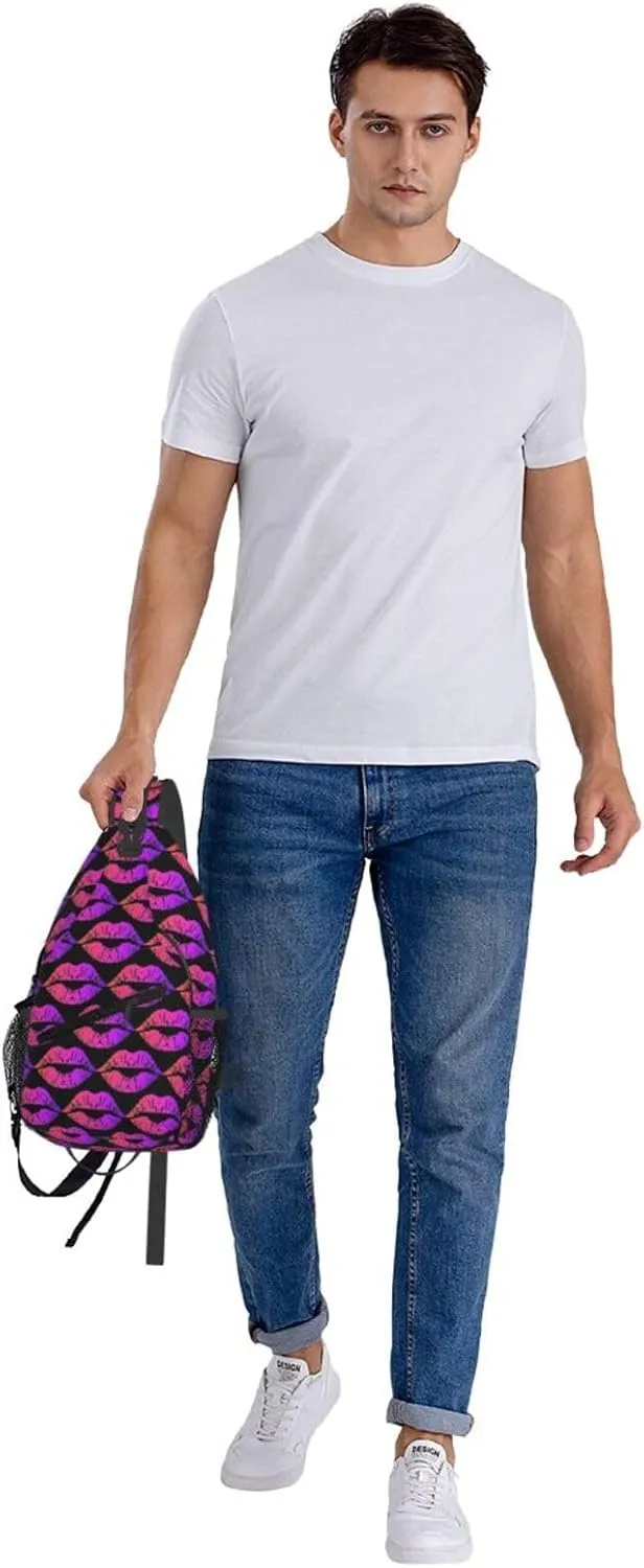 Valentines Day Colorful Pink Lips Crossbody Bag Cross Chest Bag Adjustable Sling Backpack Sports Gym Shoulder Bags Travel Cycling Daypack Diagonally Casual Rucksack