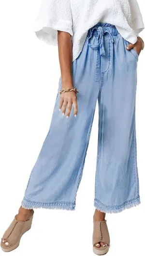 Valphsio Womens Lightweight Denim Pants Casual Baggy Trendy Jeans Elastic Waist Drawstring Comfy Paperbag Culottes