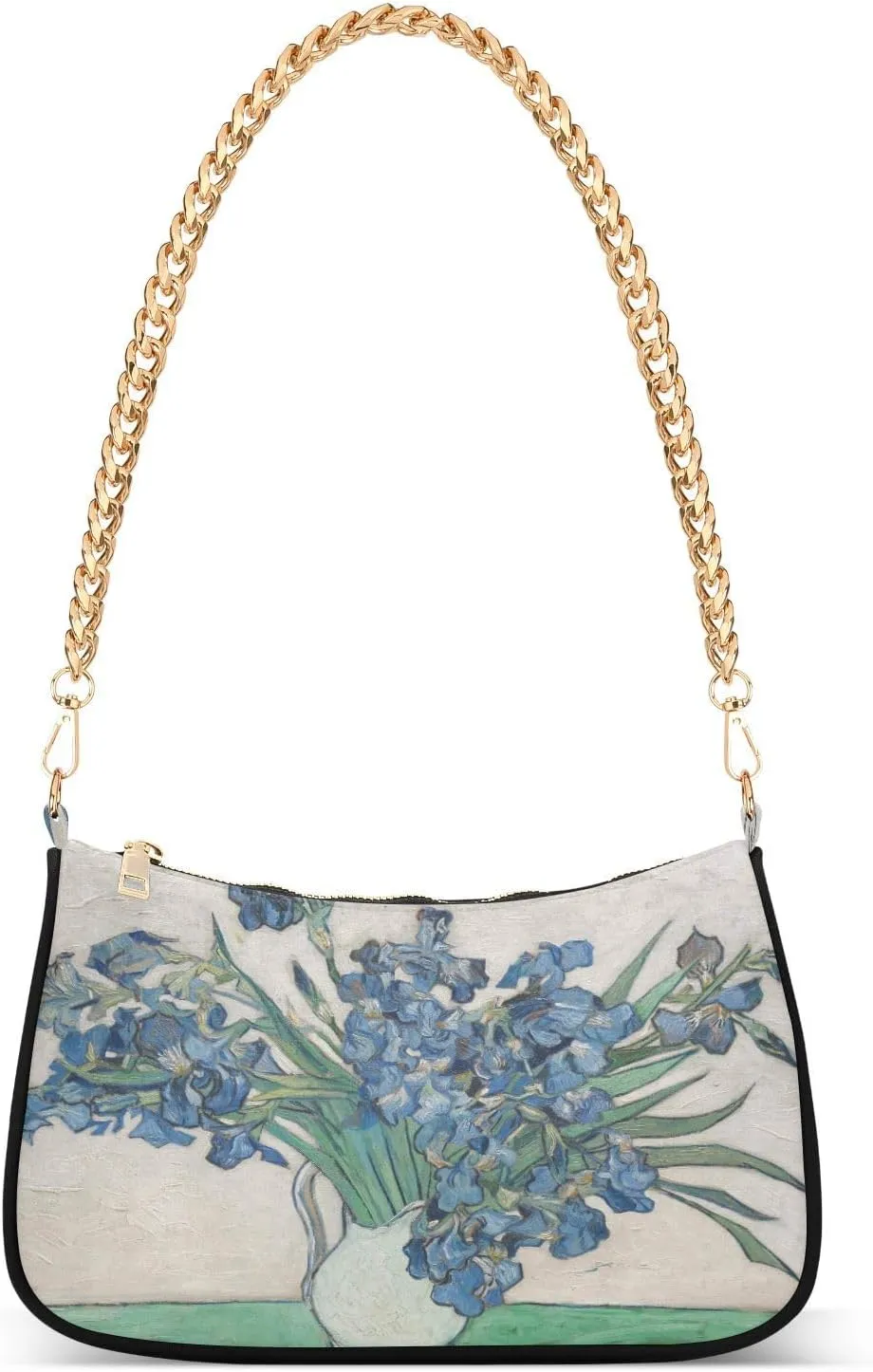Van Gogh Flowers Vase Shoulder Bag for Women Hobo Tote Handbag Gold Chain Crossbody Bag with Zipper Clutch Purse Handbags