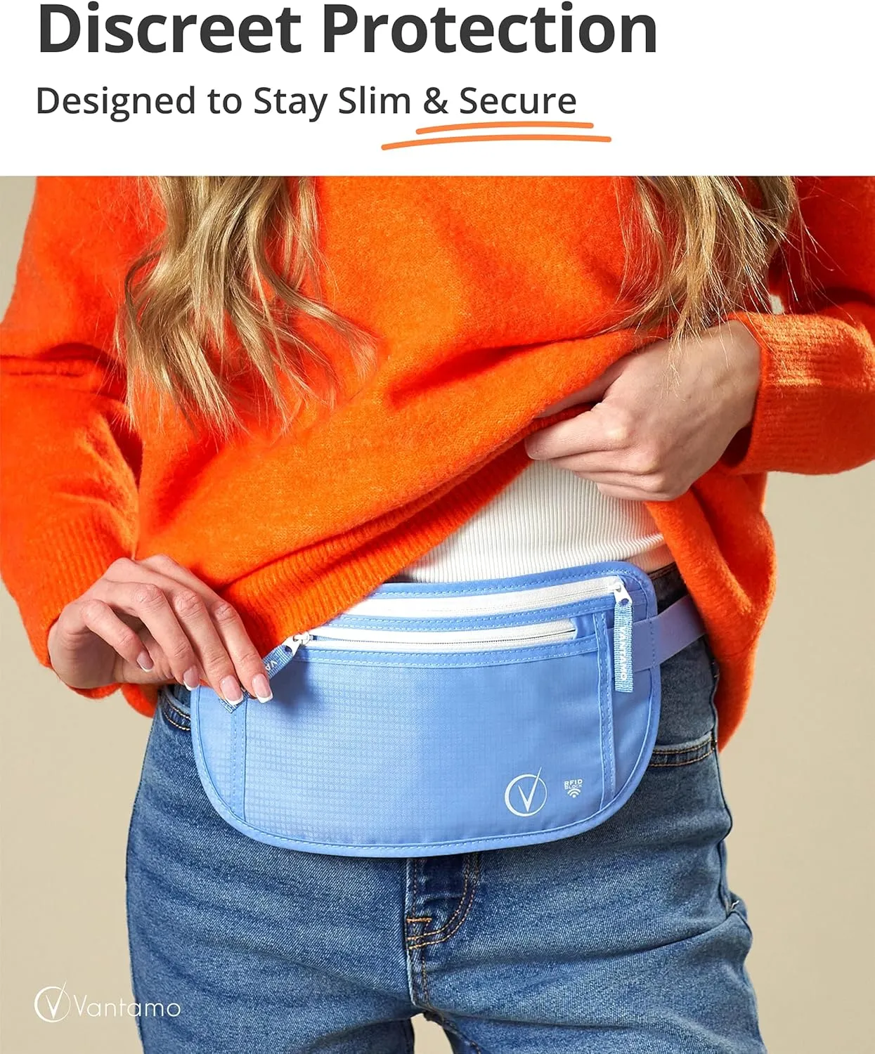 Vantamo Hidden Money Belt For Extra Safety, RFID Ultra-Thin Fanny Pack, 2 Compartment Money Bag Fits Passport & Phone