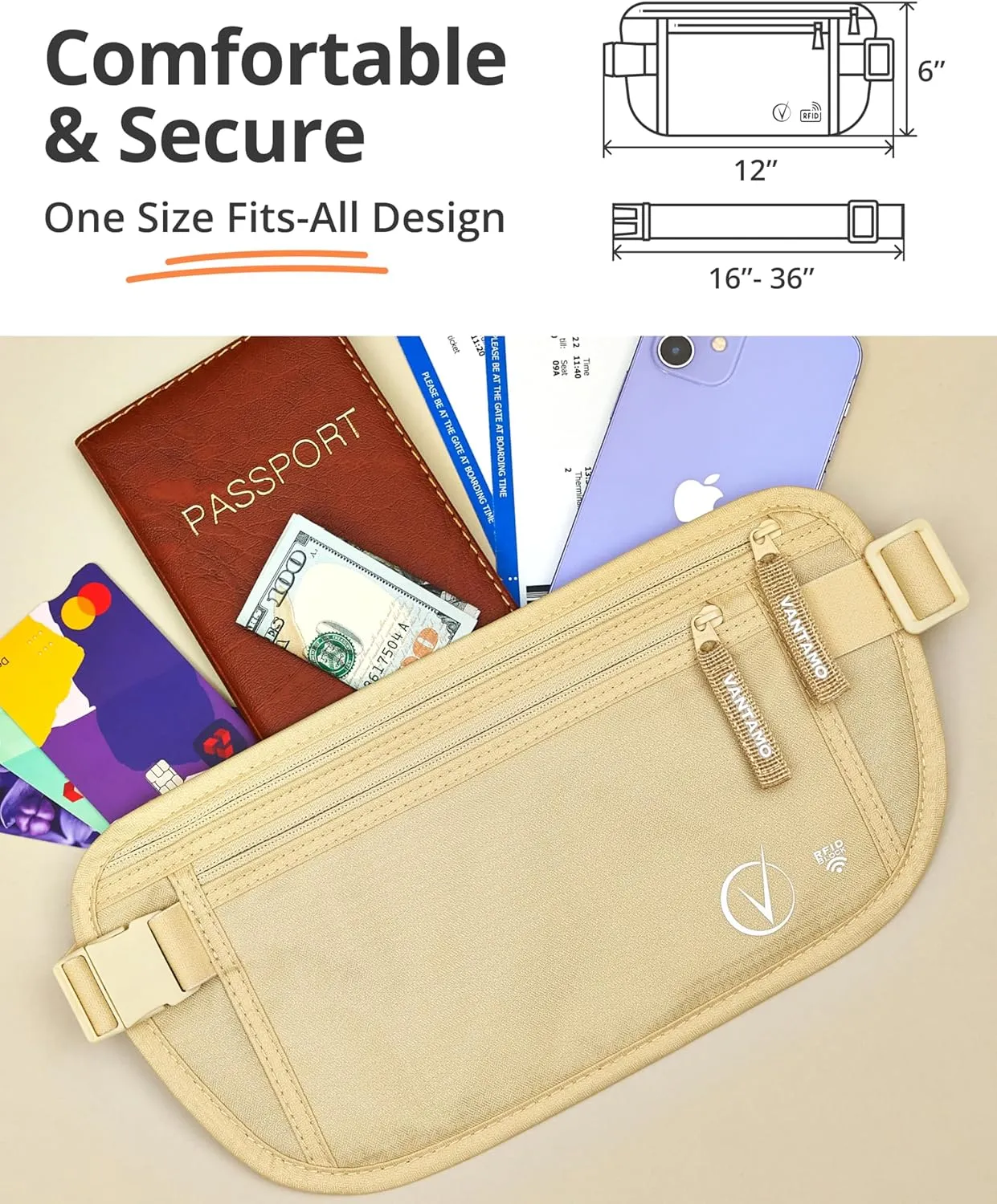 Vantamo Hidden Money Belt For Extra Safety, RFID Ultra-Thin Fanny Pack, 2 Compartment Money Bag Fits Passport & Phone