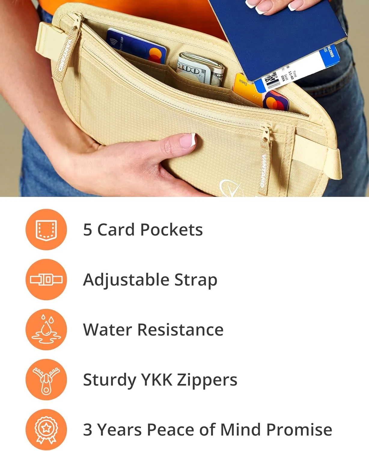 Vantamo Hidden Money Belt For Extra Safety, RFID Ultra-Thin Fanny Pack, 2 Compartment Money Bag Fits Passport & Phone