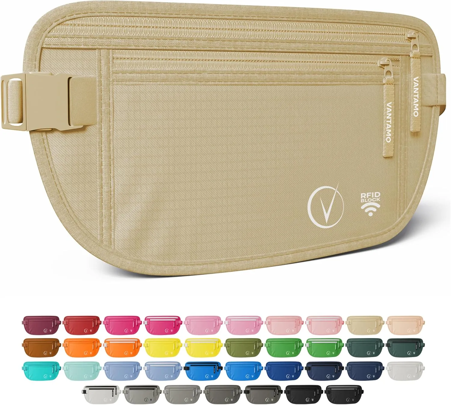 Vantamo Hidden Money Belt For Extra Safety, RFID Ultra-Thin Fanny Pack, 2 Compartment Money Bag Fits Passport & Phone