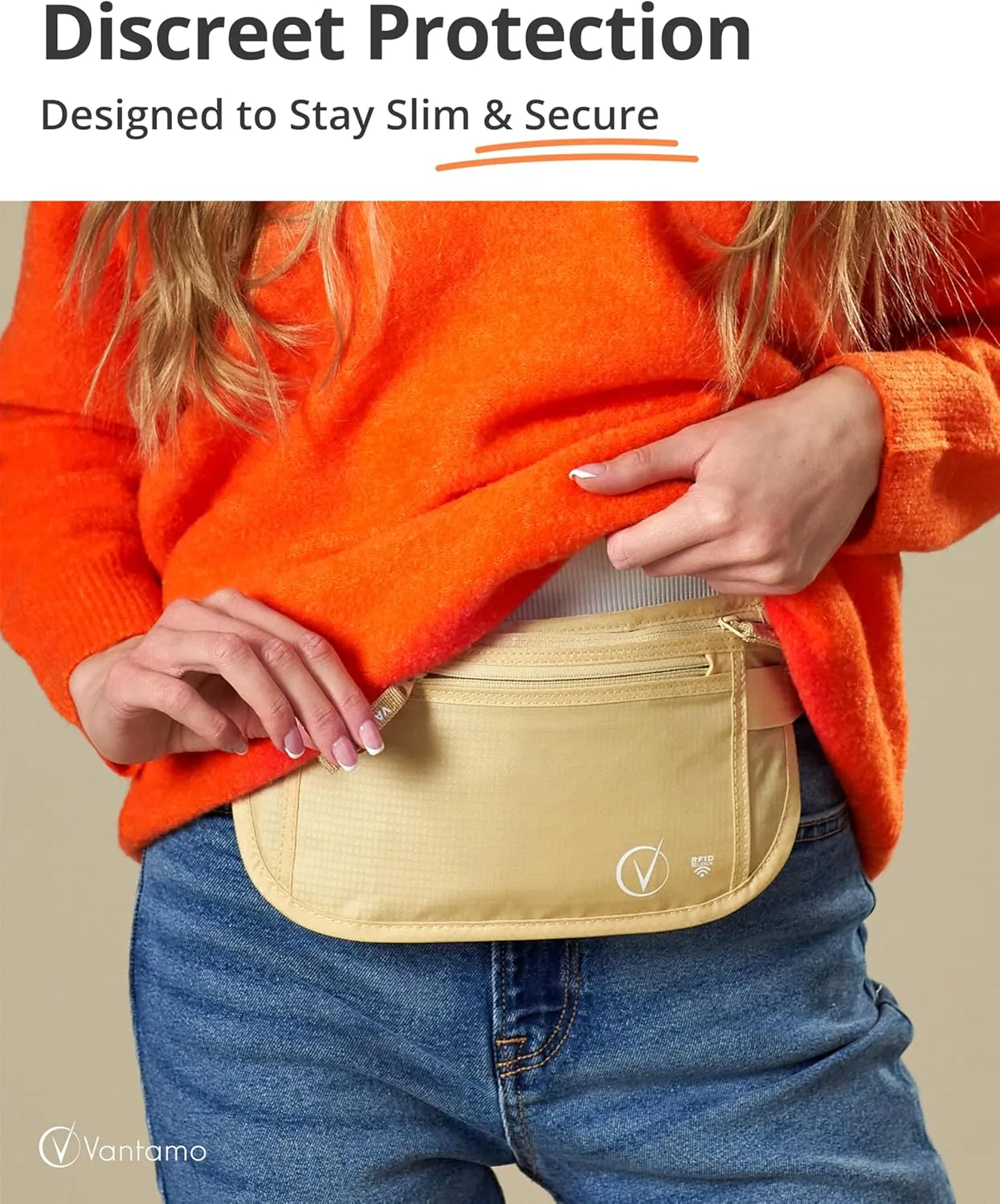 Vantamo Hidden Money Belt For Extra Safety, RFID Ultra-Thin Fanny Pack, 2 Compartment Money Bag Fits Passport & Phone