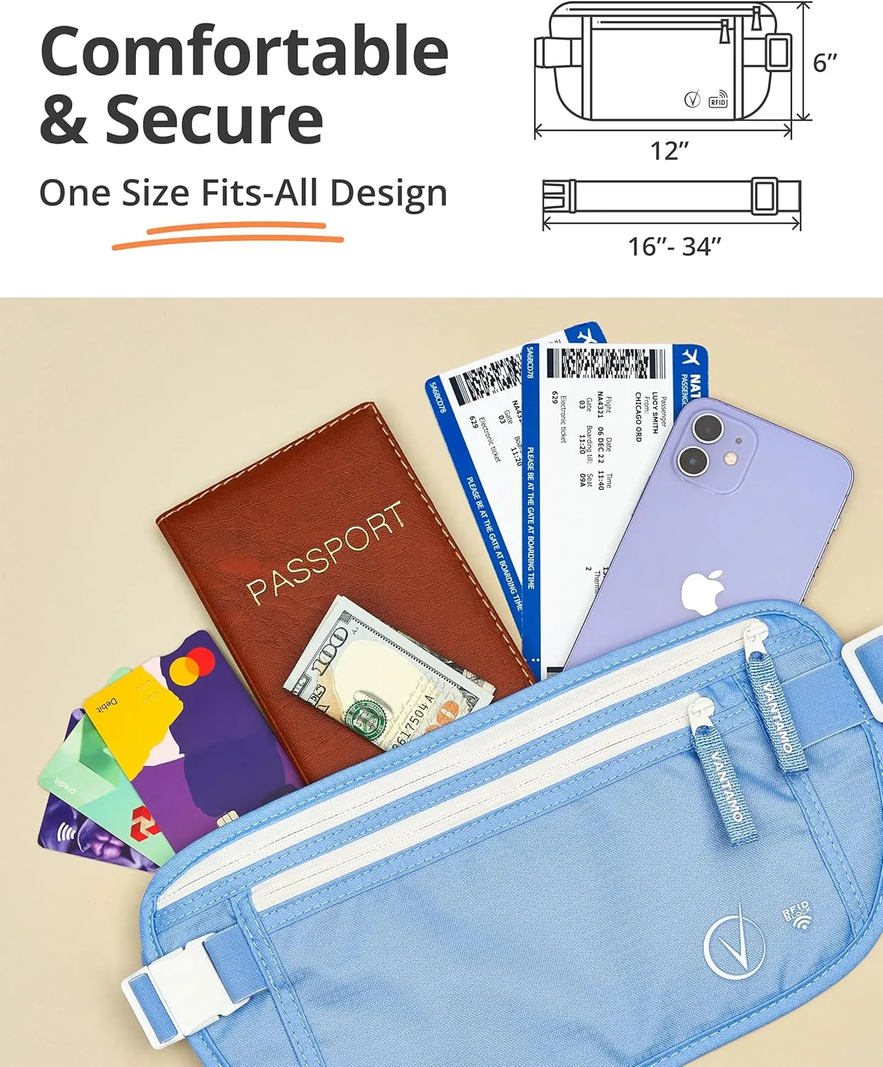 Vantamo Hidden Money Belt For Extra Safety, RFID Ultra-Thin Fanny Pack, 2 Compartment Money Bag Fits Passport & Phone