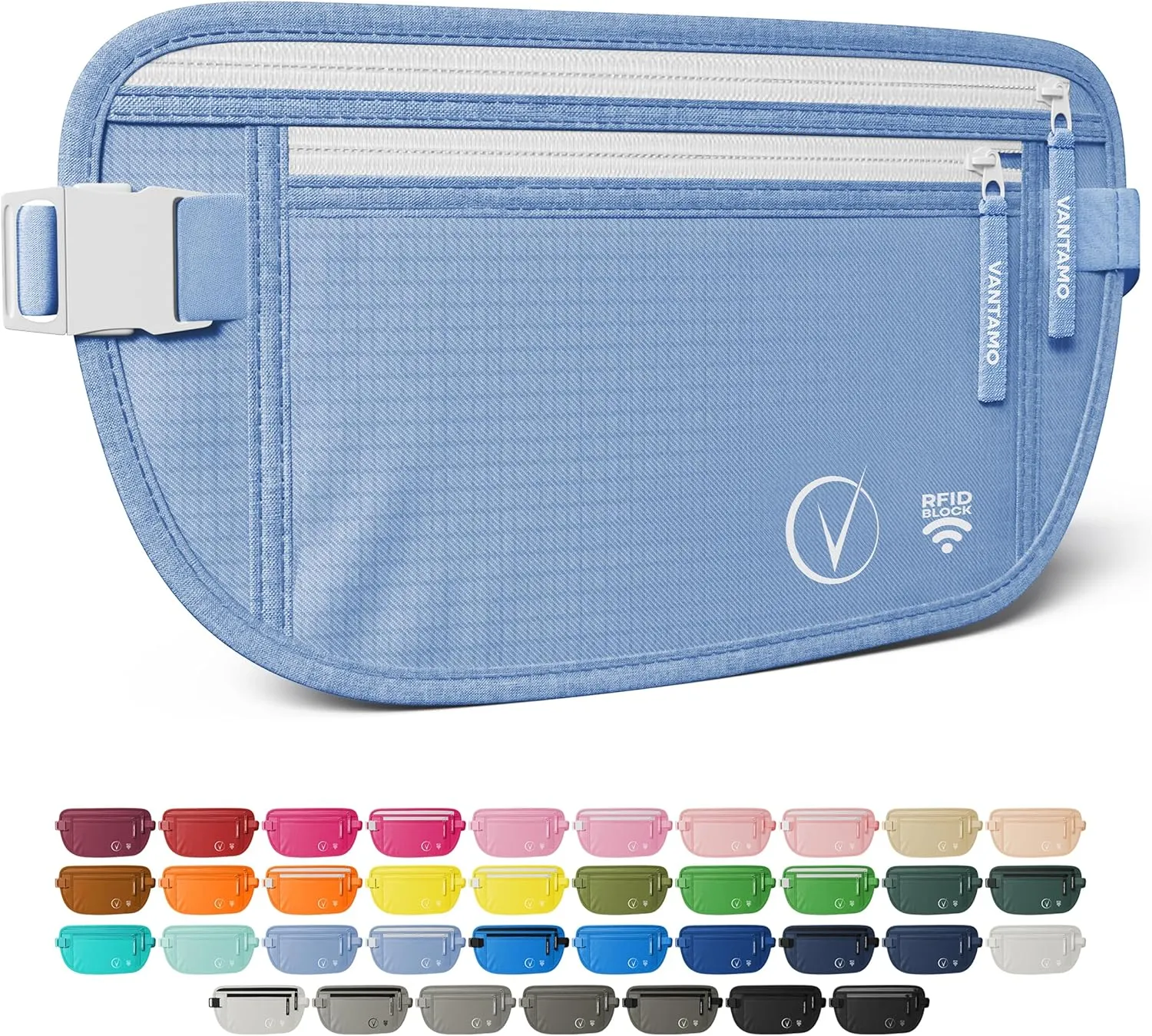 Vantamo Hidden Money Belt For Extra Safety, RFID Ultra-Thin Fanny Pack, 2 Compartment Money Bag Fits Passport & Phone