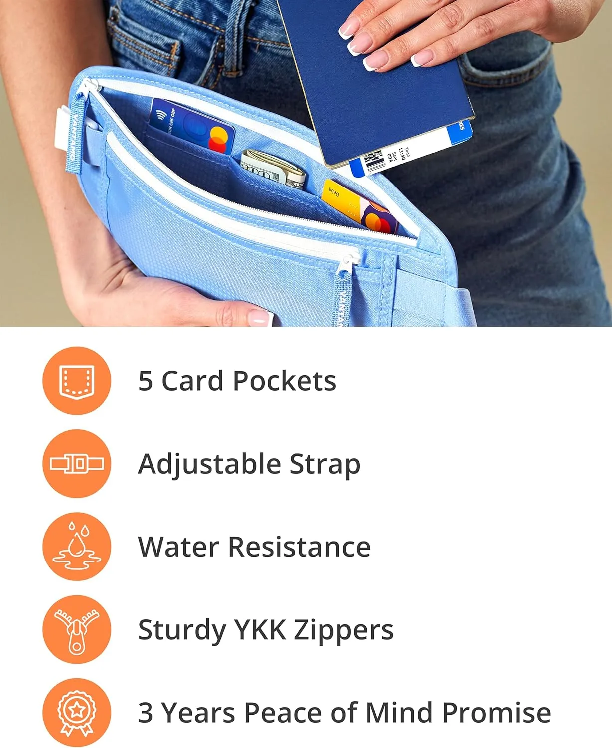 Vantamo Hidden Money Belt For Extra Safety, RFID Ultra-Thin Fanny Pack, 2 Compartment Money Bag Fits Passport & Phone