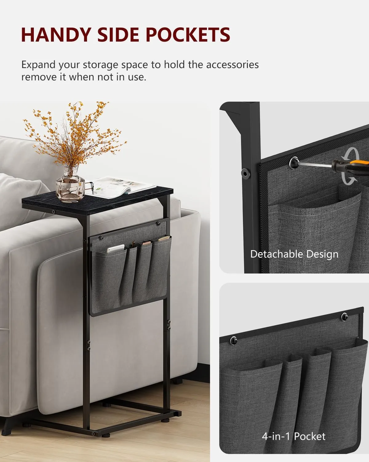 Vantic C Shaped End Table, Small Side Table for Couch and Recliner, Slide Under Sofa Tray Desk with Storage Bag for Living Room and Bedroom, Ebonized Oak