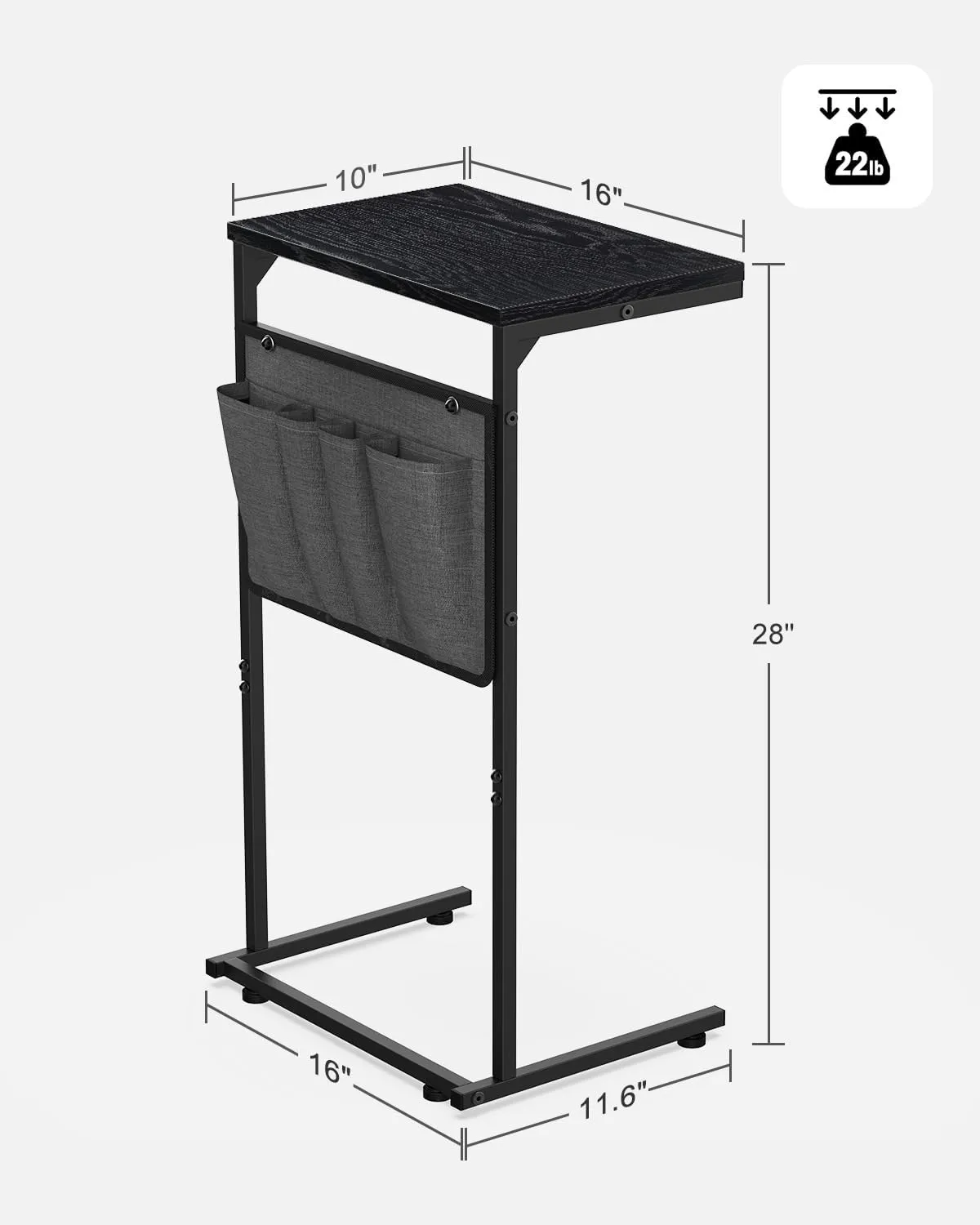 Vantic C Shaped End Table, Small Side Table for Couch and Recliner, Slide Under Sofa Tray Desk with Storage Bag for Living Room and Bedroom, Ebonized Oak