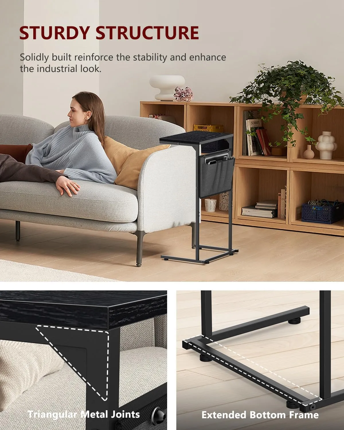 Vantic C Shaped End Table, Small Side Table for Couch and Recliner, Slide Under Sofa Tray Desk with Storage Bag for Living Room and Bedroom, Ebonized Oak