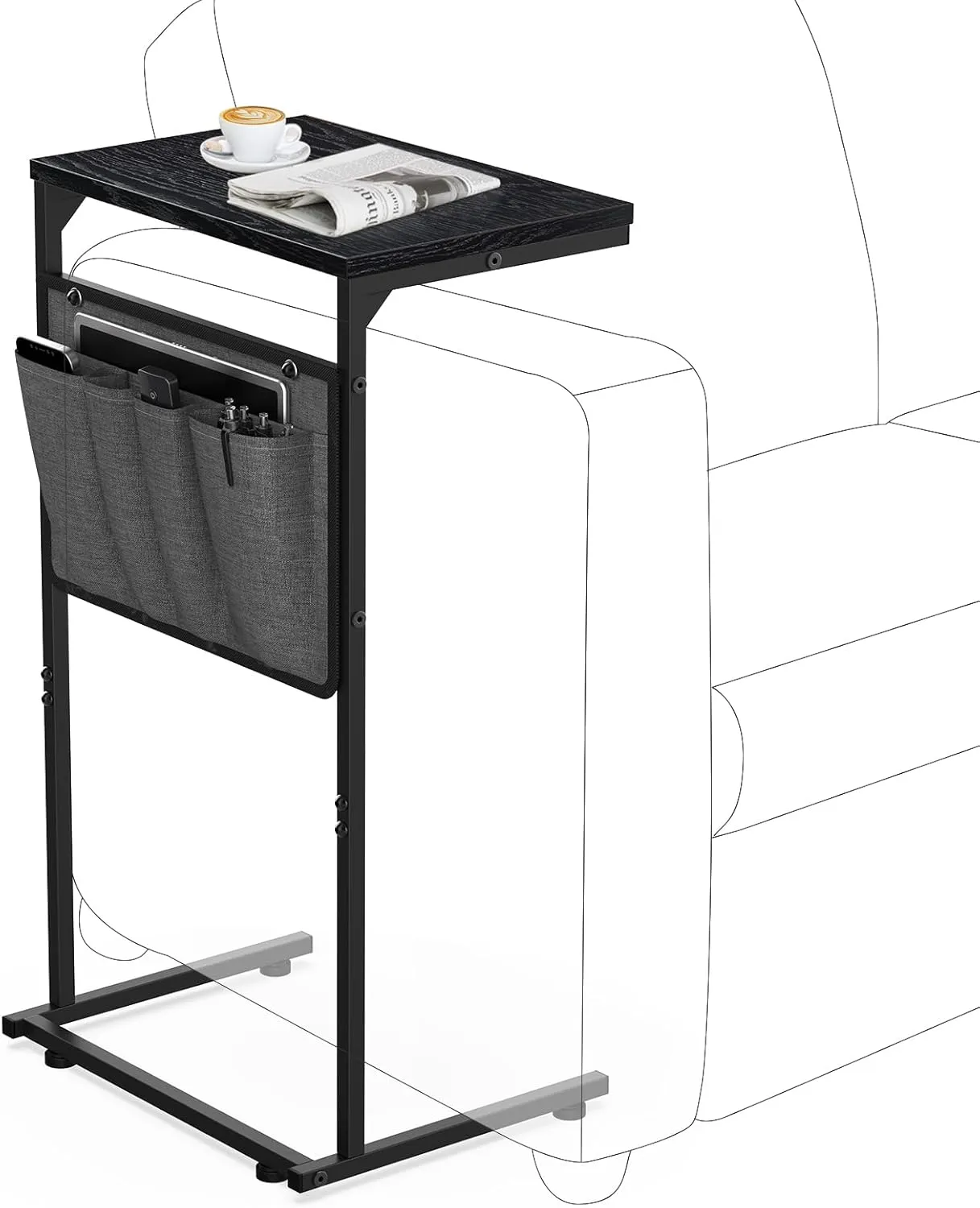 Vantic C Shaped End Table, Small Side Table for Couch and Recliner, Slide Under Sofa Tray Desk with Storage Bag for Living Room and Bedroom, Ebonized Oak