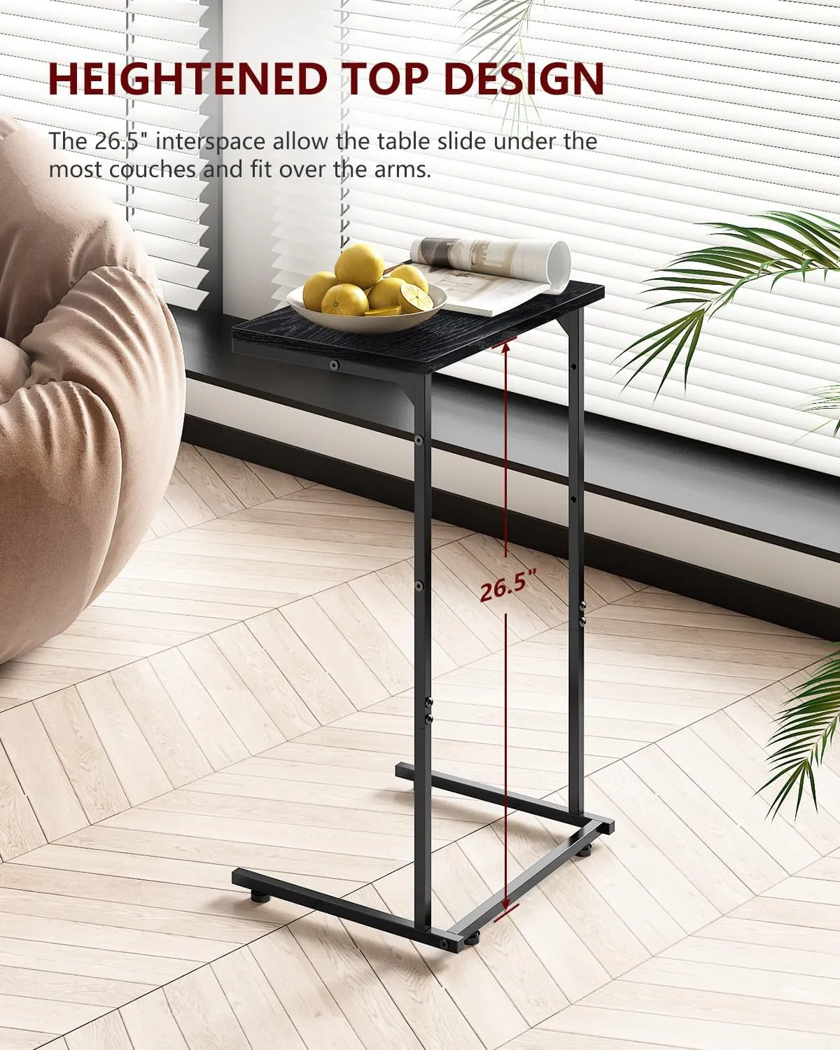 Vantic C Shaped End Table, Small Side Table for Couch and Recliner, Slide Under Sofa Tray Desk with Storage Bag for Living Room and Bedroom, Ebonized Oak