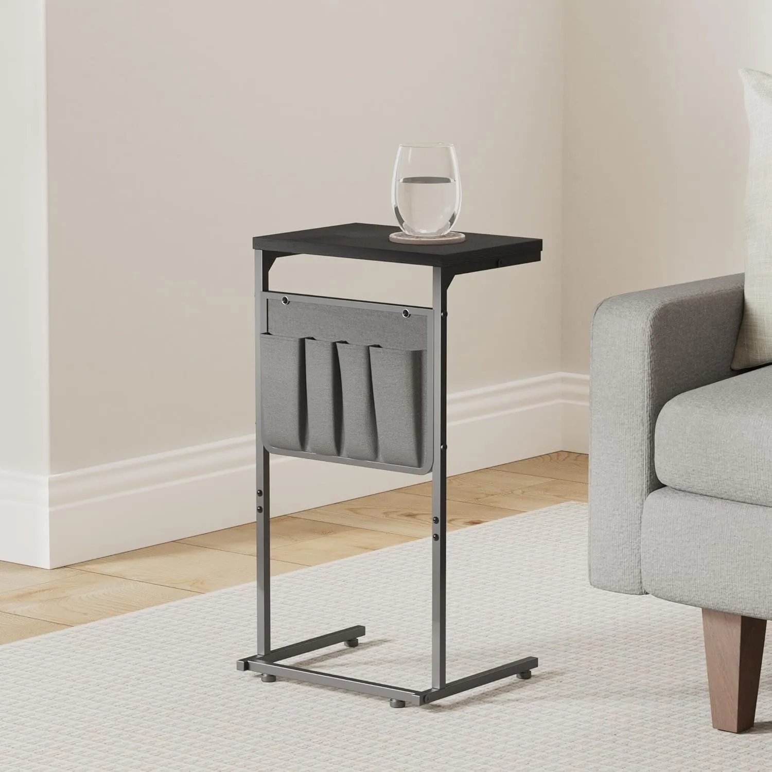 Vantic C Shaped End Table, Small Side Table for Couch and Recliner, Slide Under Sofa Tray Desk with Storage Bag for Living Room and Bedroom, Ebonized Oak