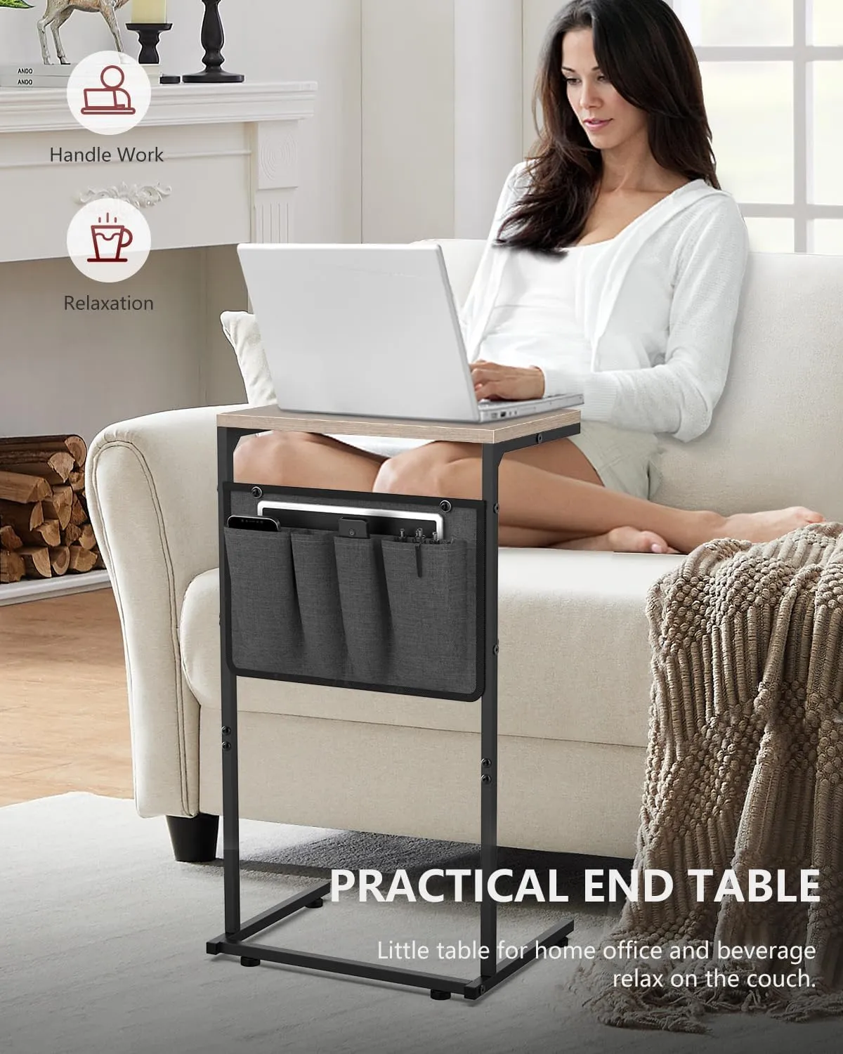 Vantic C Shaped End Table, Small Side Table for Couch and Recliner, Slide Under Sofa Tray Desk with Storage Bag for Living Room and Bedroom, Greige