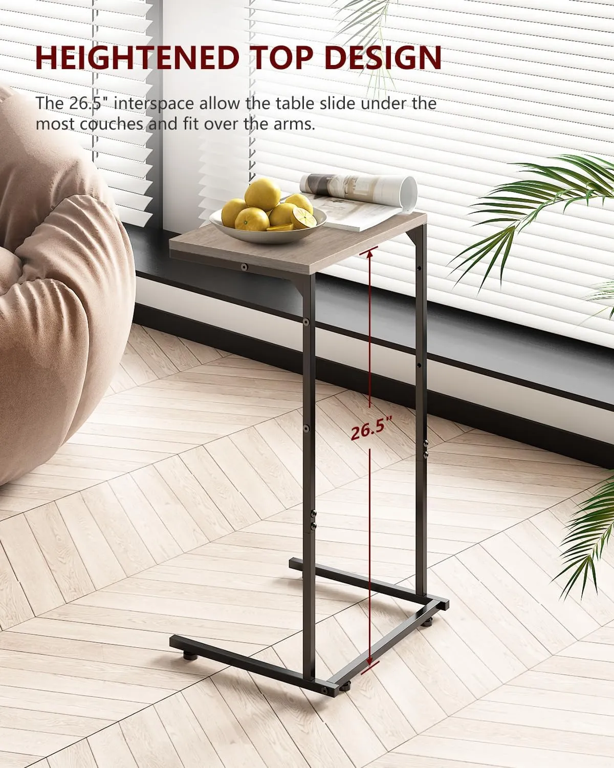 Vantic C Shaped End Table, Small Side Table for Couch and Recliner, Slide Under Sofa Tray Desk with Storage Bag for Living Room and Bedroom, Greige