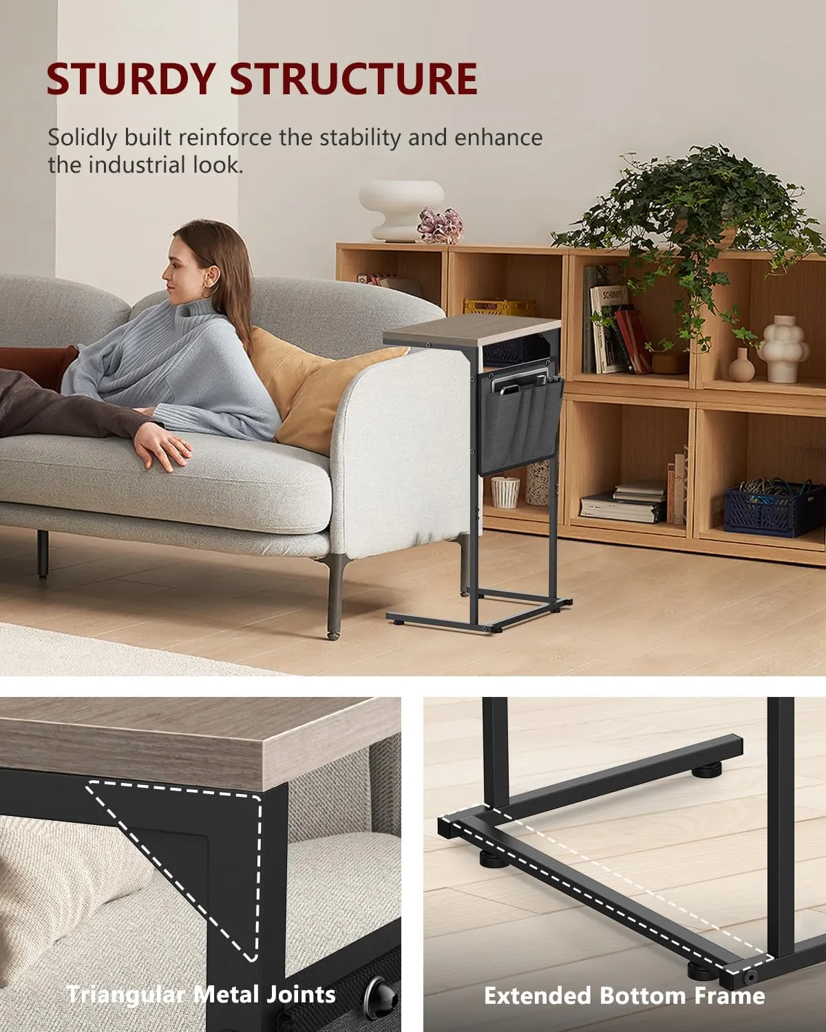 Vantic C Shaped End Table, Small Side Table for Couch and Recliner, Slide Under Sofa Tray Desk with Storage Bag for Living Room and Bedroom, Greige