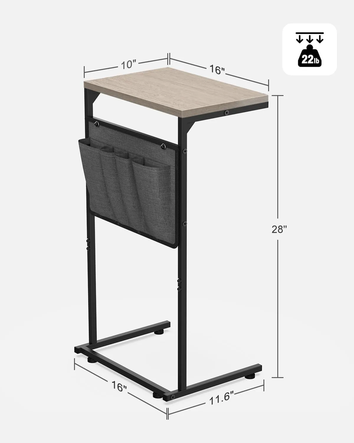 Vantic C Shaped End Table, Small Side Table for Couch and Recliner, Slide Under Sofa Tray Desk with Storage Bag for Living Room and Bedroom, Greige