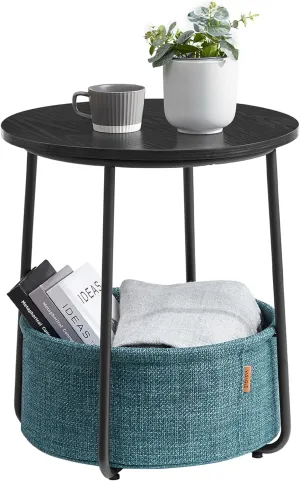 VASAGLE Small Round Side End Table, Modern Nightstand with Fabric Basket, Ebony Black and Turquoise Blue ULET223B56