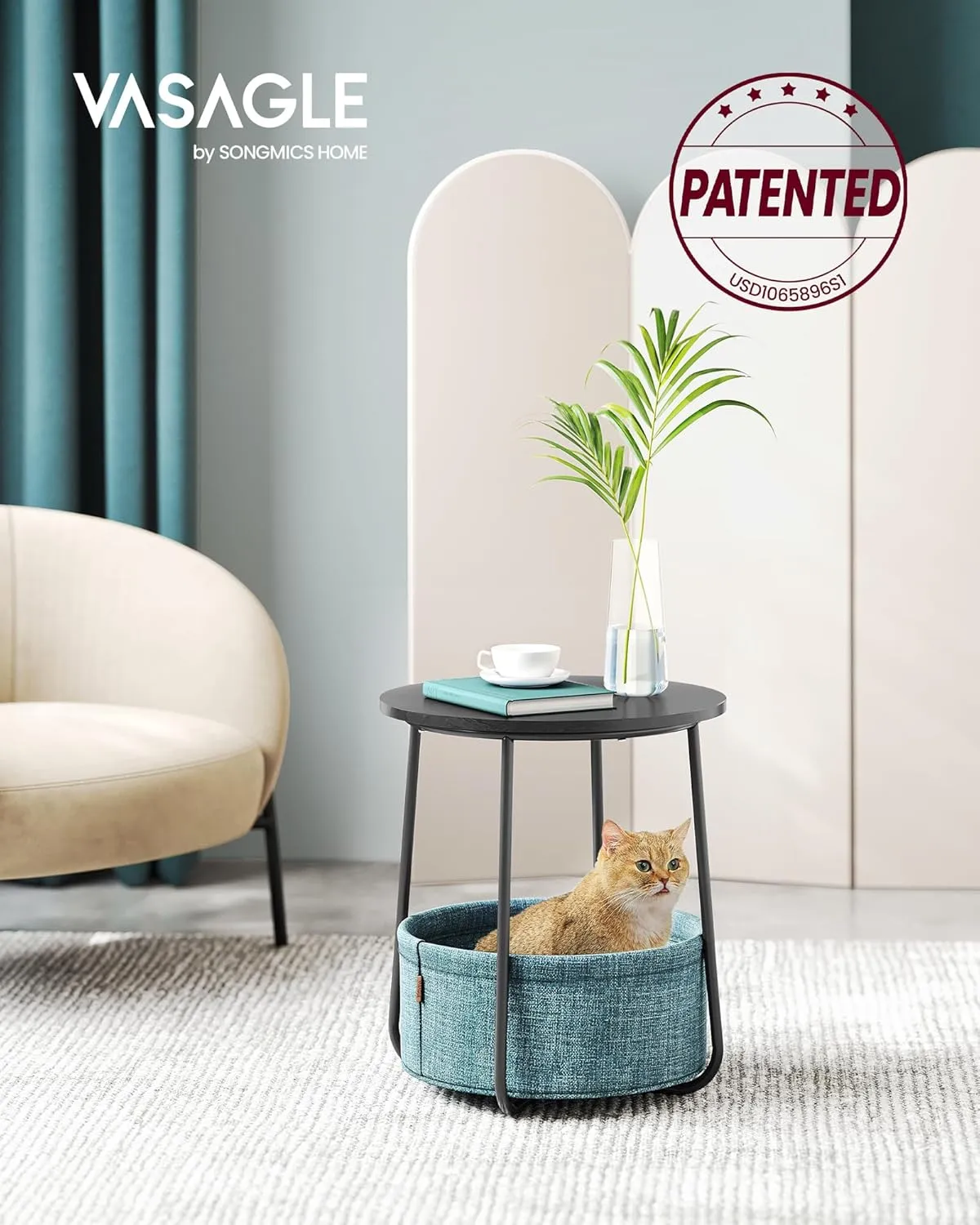 VASAGLE Small Round Side End Table, Modern Nightstand with Fabric Basket, Ebony Black and Turquoise Blue ULET223B56