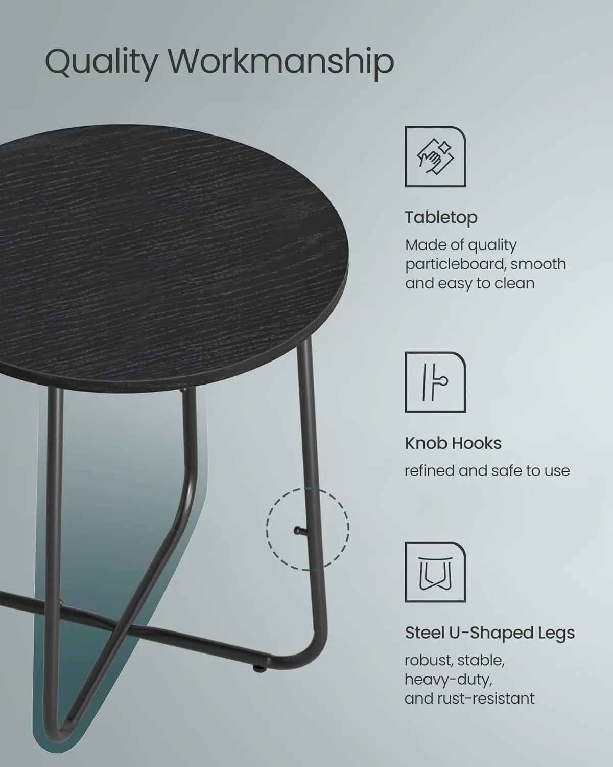 VASAGLE Small Round Side End Table, Modern Nightstand with Fabric Basket, Ebony Black and Turquoise Blue ULET223B56
