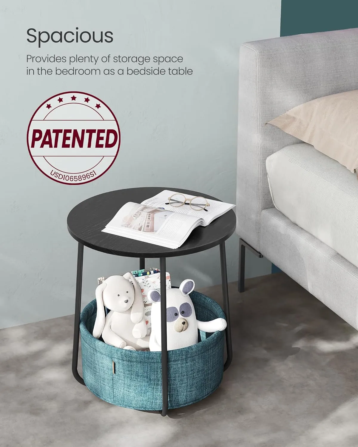 VASAGLE Small Round Side End Table, Modern Nightstand with Fabric Basket, Ebony Black and Turquoise Blue ULET223B56