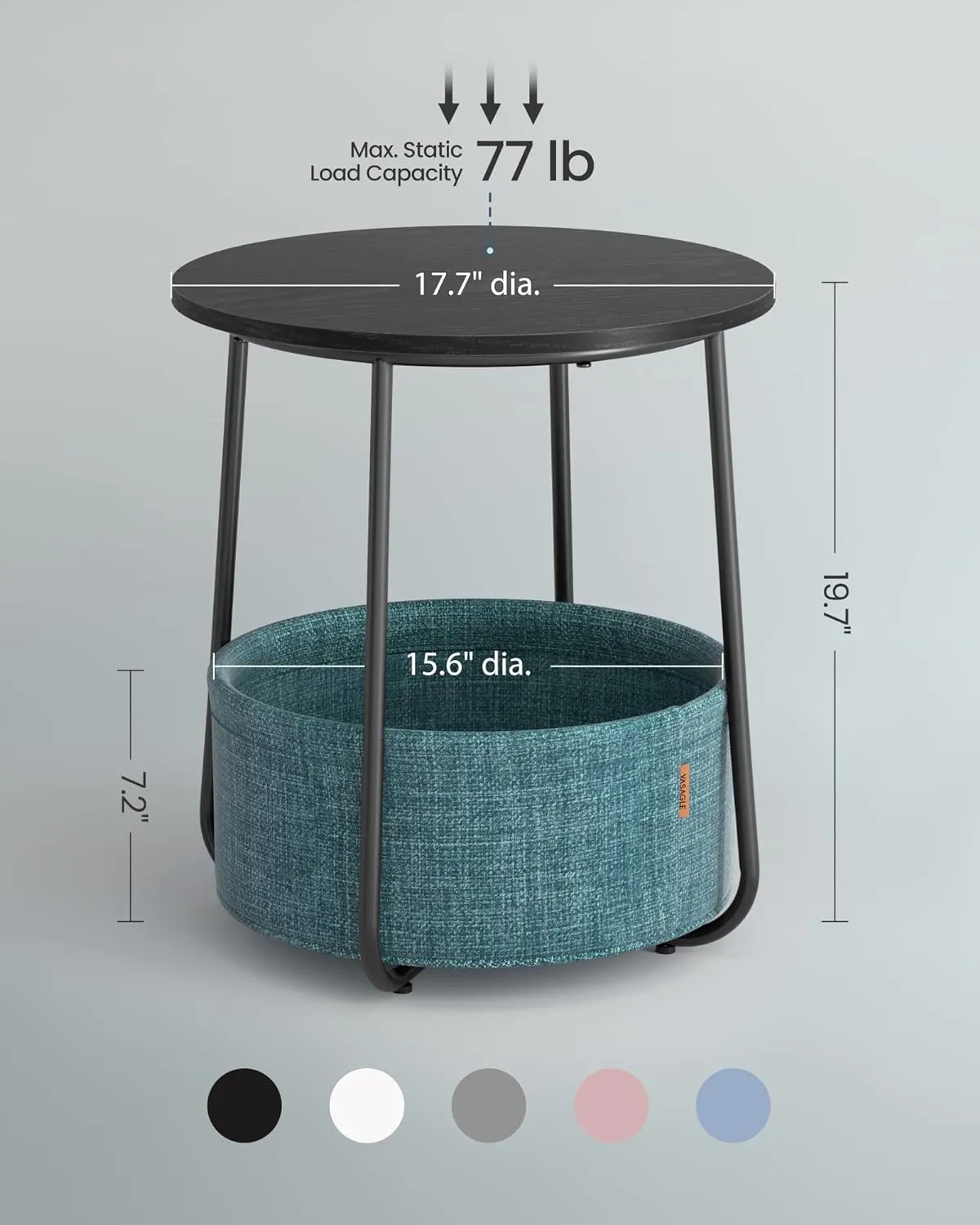 VASAGLE Small Round Side End Table, Modern Nightstand with Fabric Basket, Ebony Black and Turquoise Blue ULET223B56