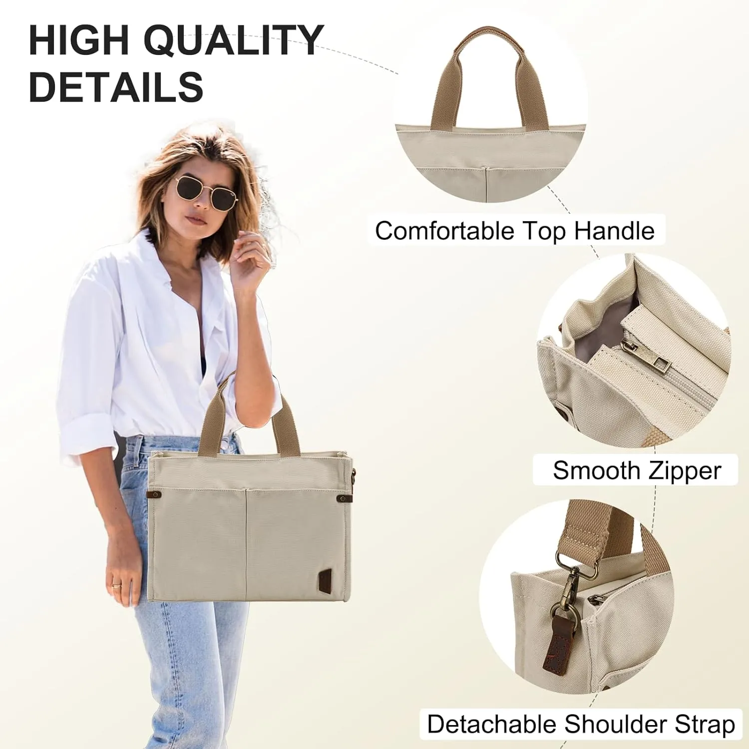 VASCHY Canvas Tote Bag for Women, Casual Sturdy Work Satchel Teachers Tote Purse with Zippers Pockets Crossbody Shoulder Bag