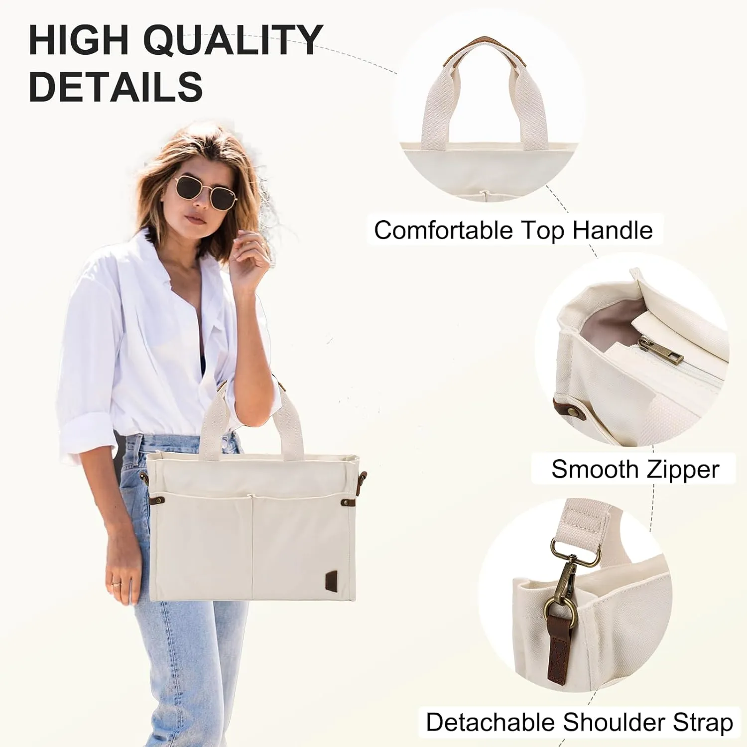 VASCHY Canvas Tote Bag for Women, Casual Sturdy Work Satchel Teachers Tote Purse with Zippers Pockets Crossbody Shoulder Bag