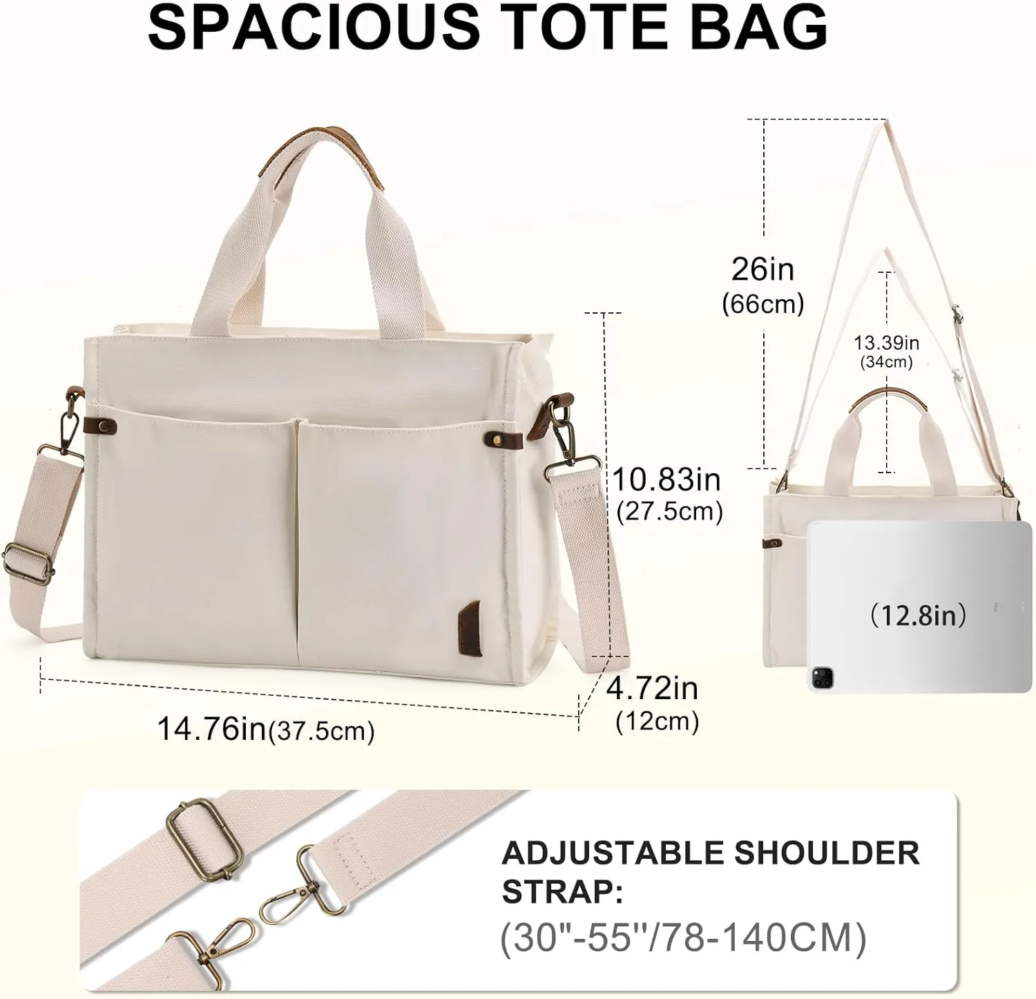 VASCHY Canvas Tote Bag for Women, Casual Sturdy Work Satchel Teachers Tote Purse with Zippers Pockets Crossbody Shoulder Bag