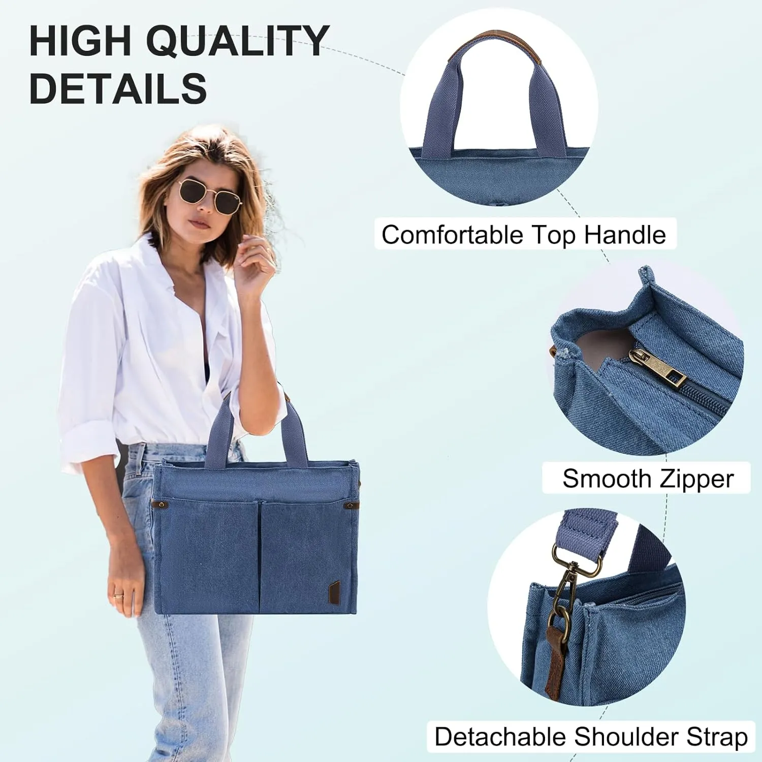 VASCHY Canvas Tote Bag for Women, Casual Sturdy Work Satchel Teachers Tote Purse with Zippers Pockets Crossbody Shoulder Bag