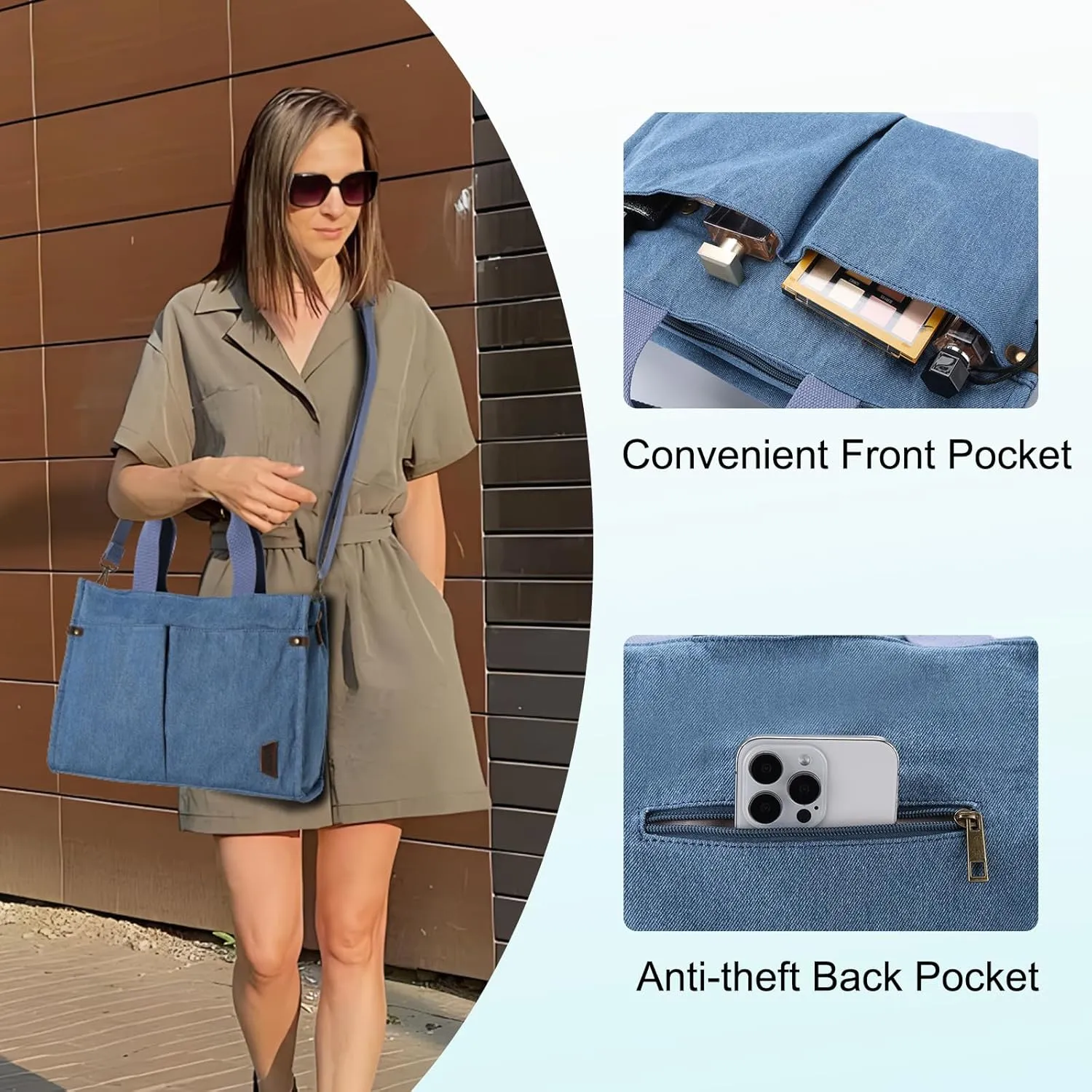 VASCHY Canvas Tote Bag for Women, Casual Sturdy Work Satchel Teachers Tote Purse with Zippers Pockets Crossbody Shoulder Bag