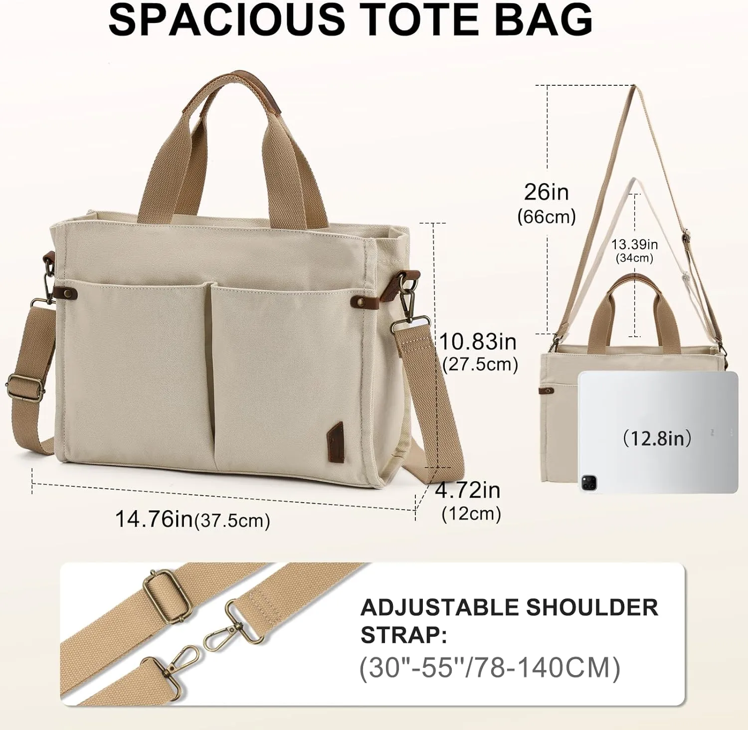 VASCHY Canvas Tote Bag for Women, Casual Sturdy Work Satchel Teachers Tote Purse with Zippers Pockets Crossbody Shoulder Bag